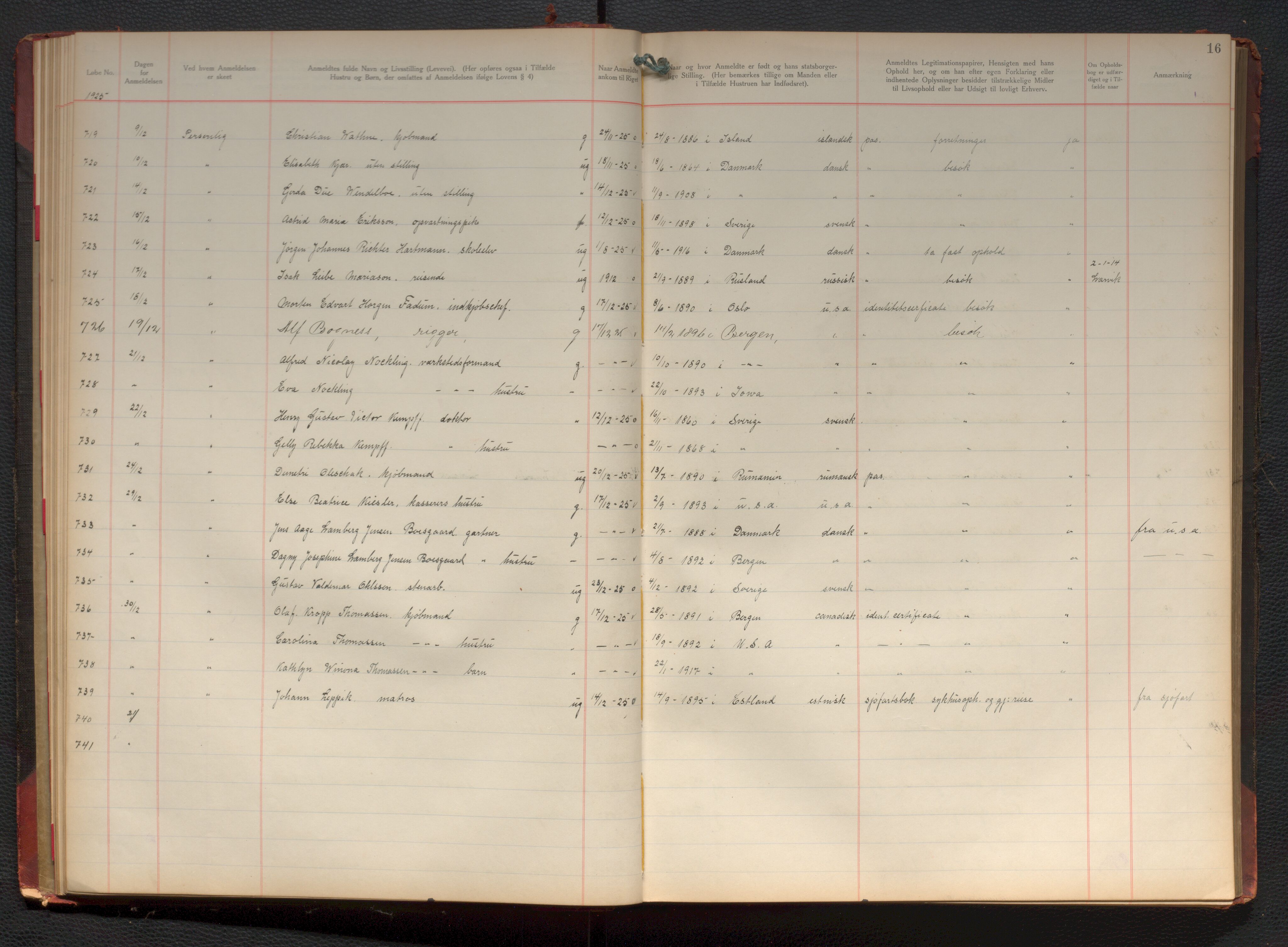 Bergen politikammer / politidistrikt, AV/SAB-A-60401/J.d/L0004: Fremmedprotokoll, 1925-1936, p. 16
