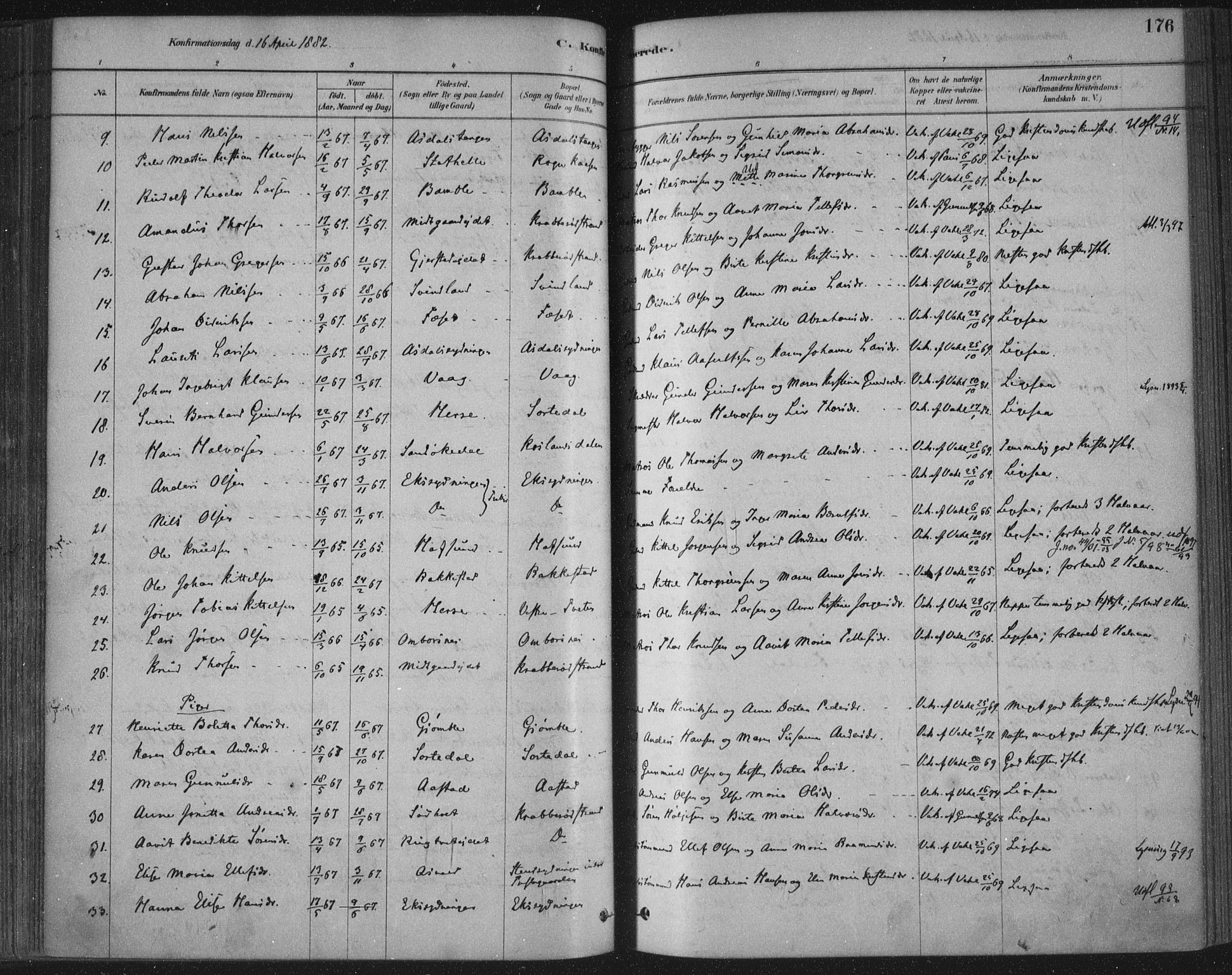 Bamble kirkebøker, SAKO/A-253/F/Fa/L0007: Parish register (official) no. I 7, 1878-1888, p. 176