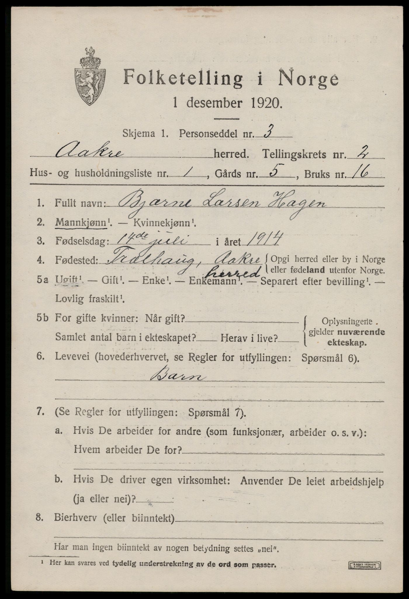 SAST, 1920 census for Åkra, 1920, p. 2956