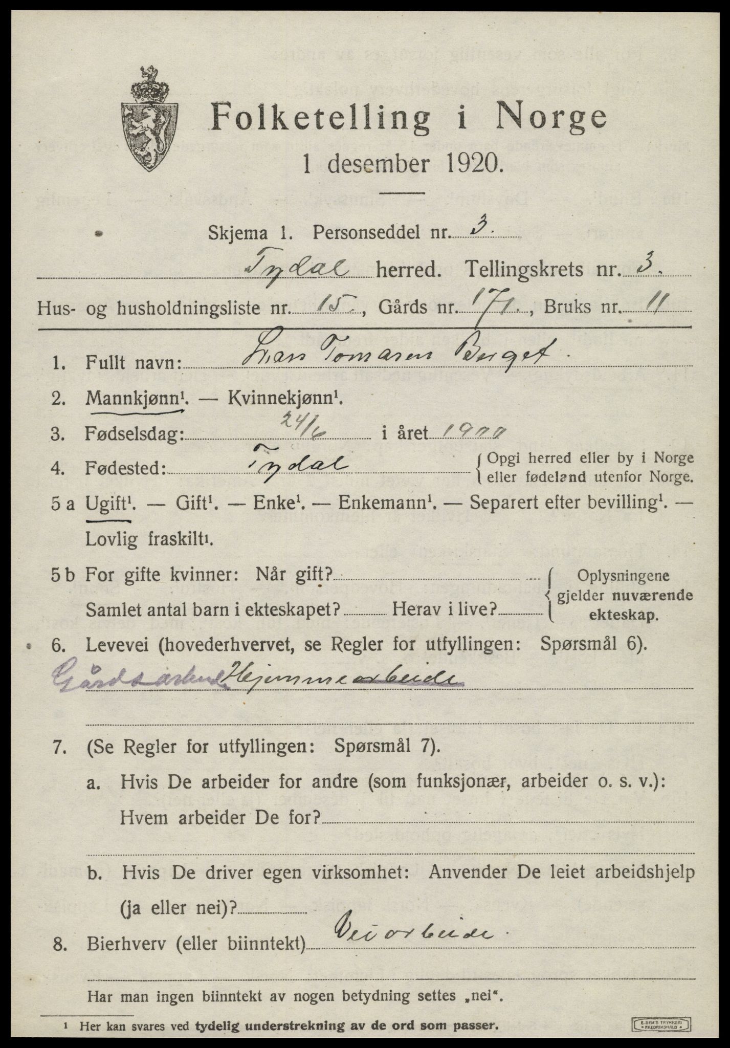 SAT, 1920 census for Tydal, 1920, p. 1043