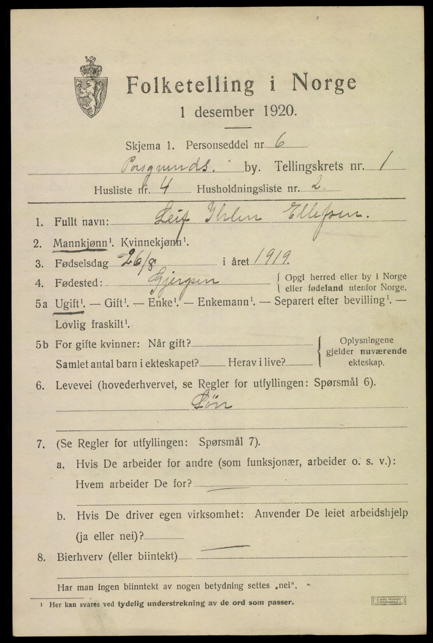 SAKO, 1920 census for Porsgrunn, 1920, p. 7149