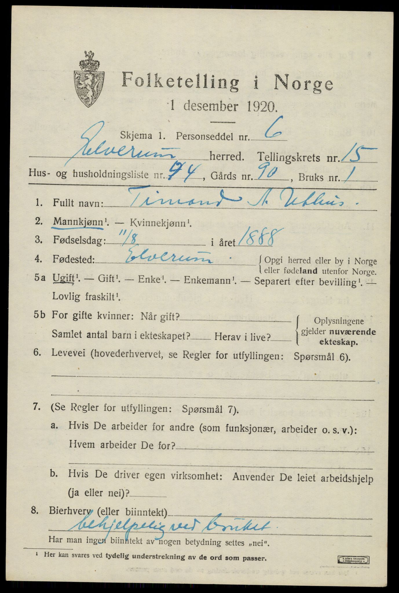 SAH, 1920 census for Elverum, 1920, p. 19726