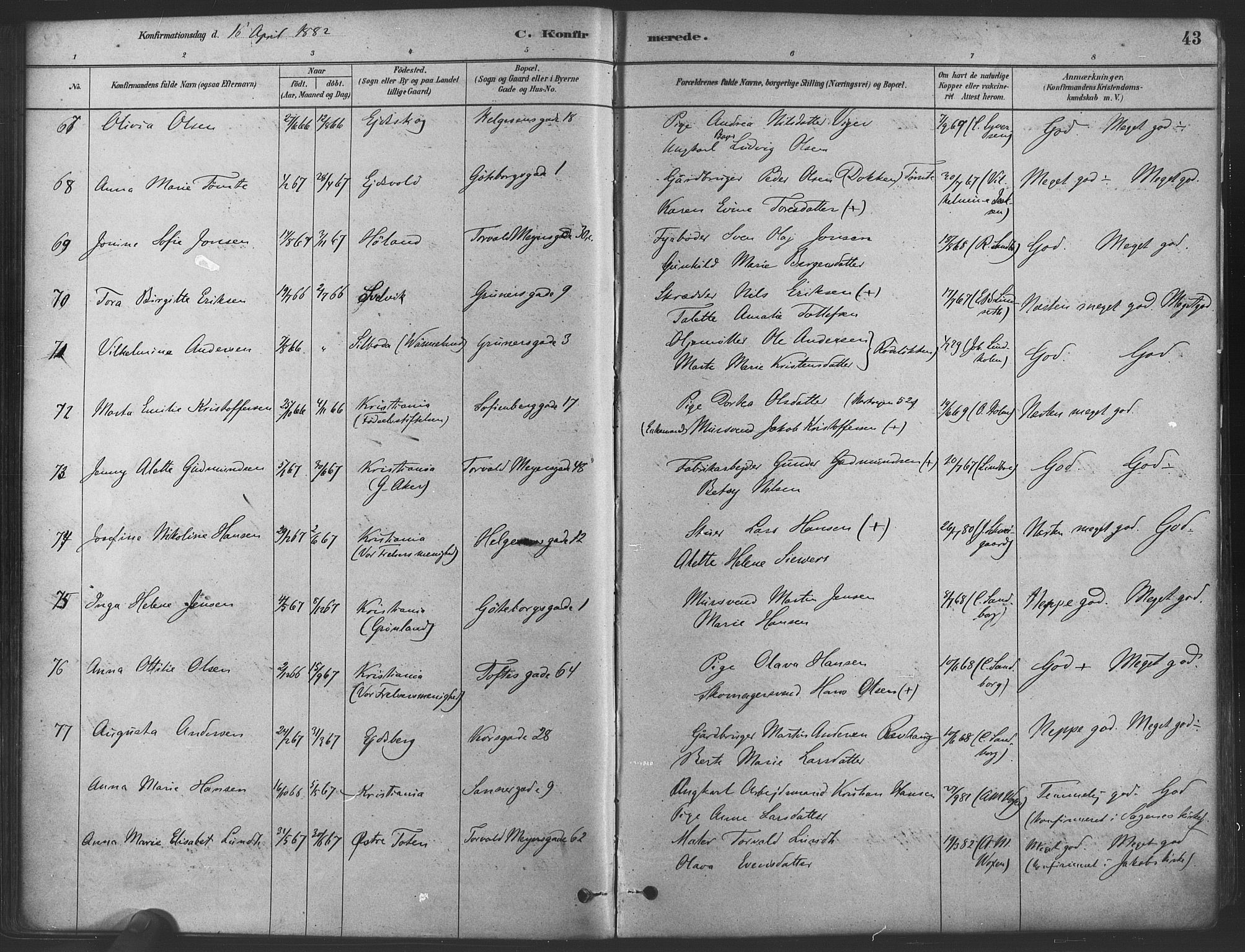 Paulus prestekontor Kirkebøker, AV/SAO-A-10871/F/Fa/L0004: Parish register (official) no. 4, 1879-1891, p. 43