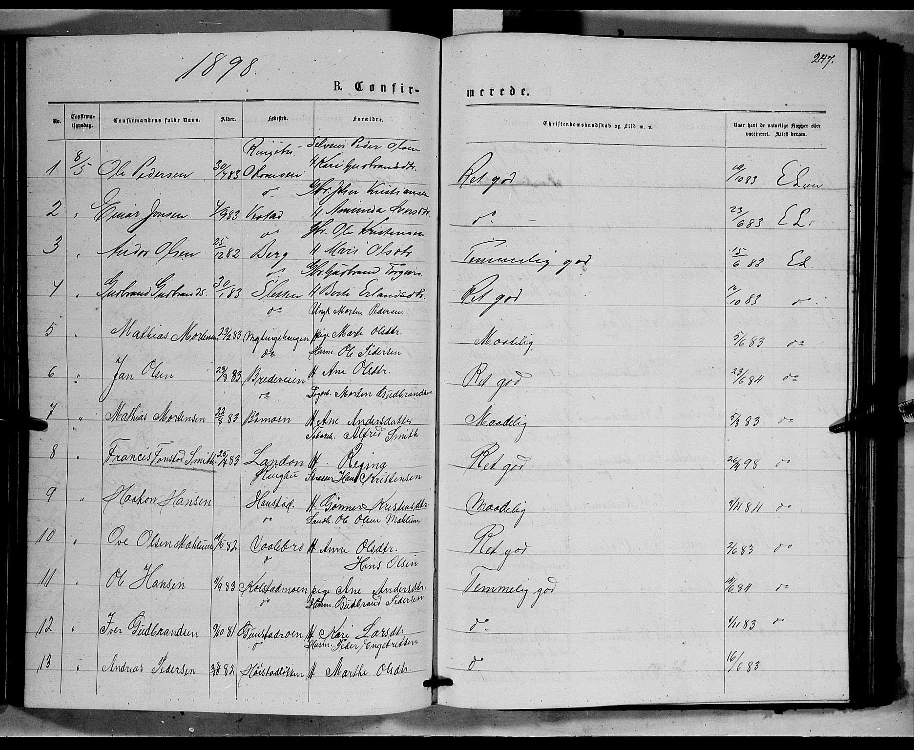 Ringebu prestekontor, SAH/PREST-082/H/Ha/Hab/L0006: Parish register (copy) no. 6, 1880-1898, p. 247