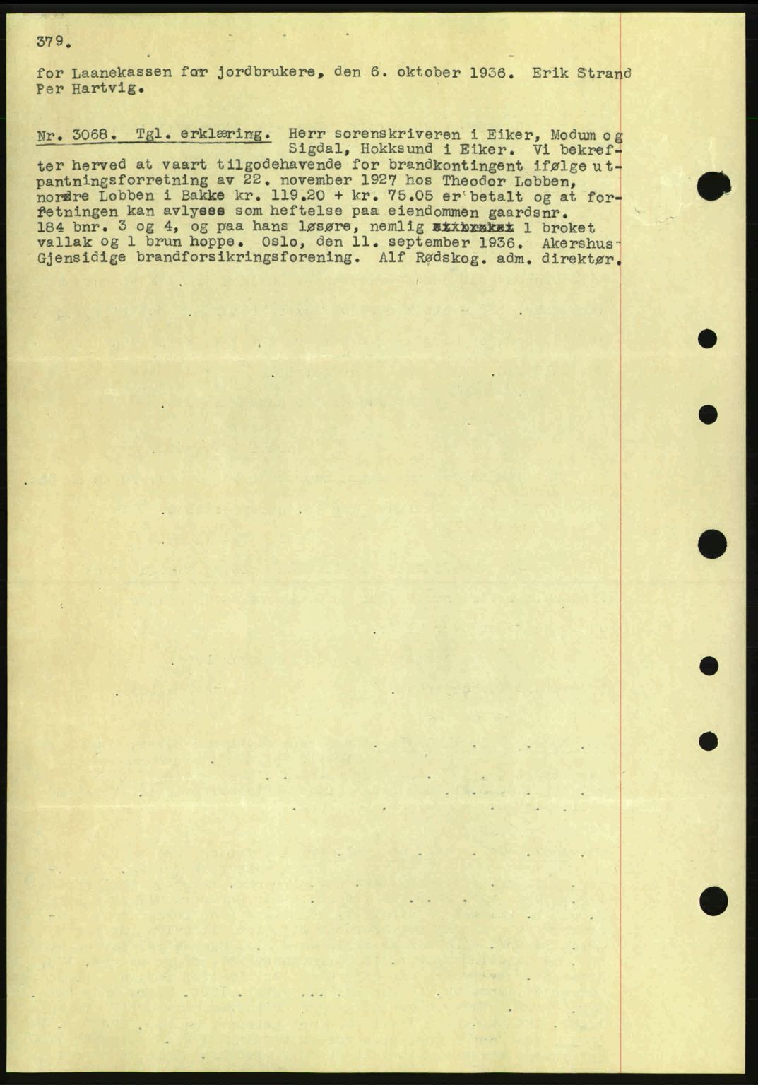 Eiker, Modum og Sigdal sorenskriveri, SAKO/A-123/G/Ga/Gab/L0034: Mortgage book no. A4, 1936-1937, Diary no: : 3068/1936
