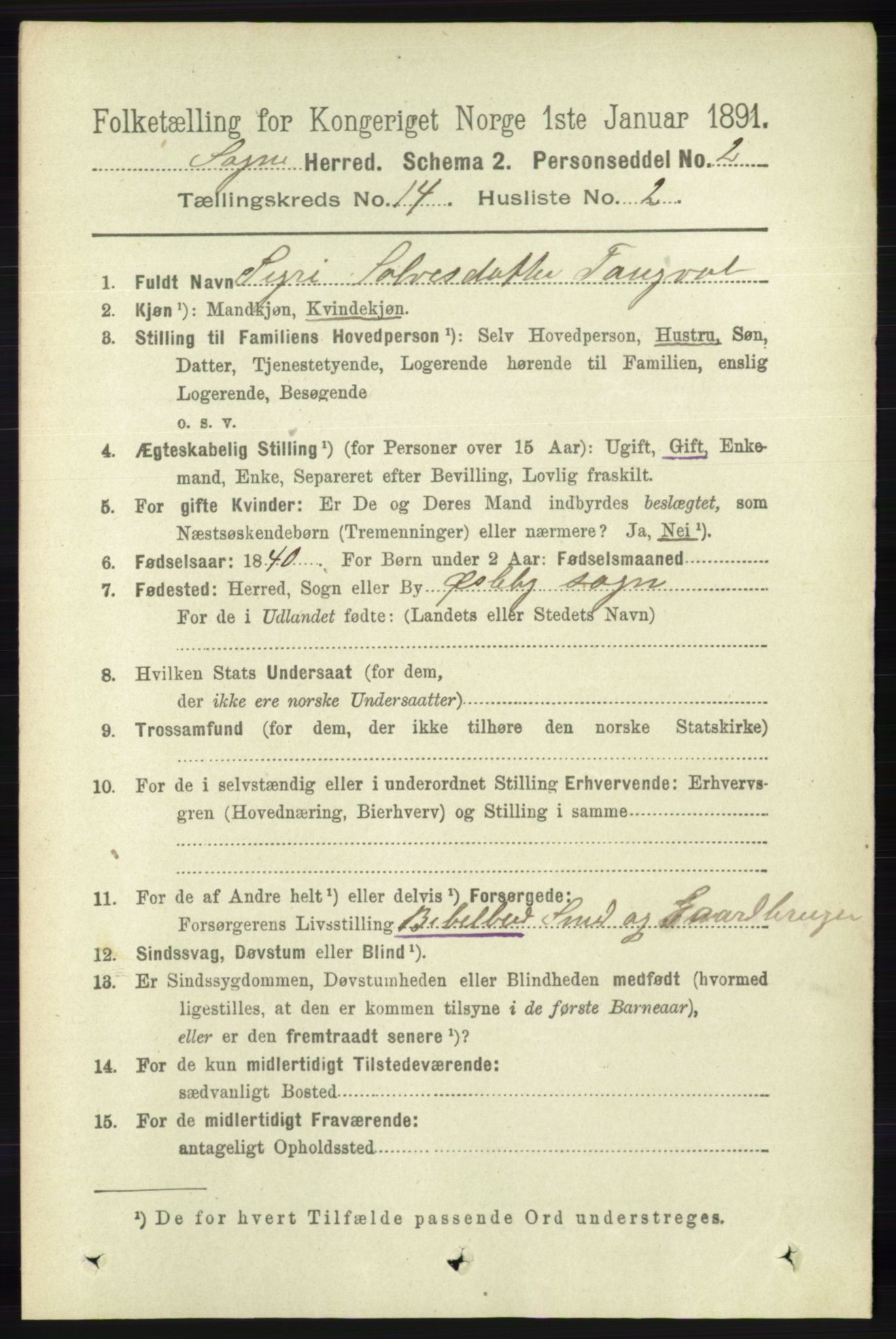 RA, 1891 census for 1018 Søgne, 1891, p. 3411