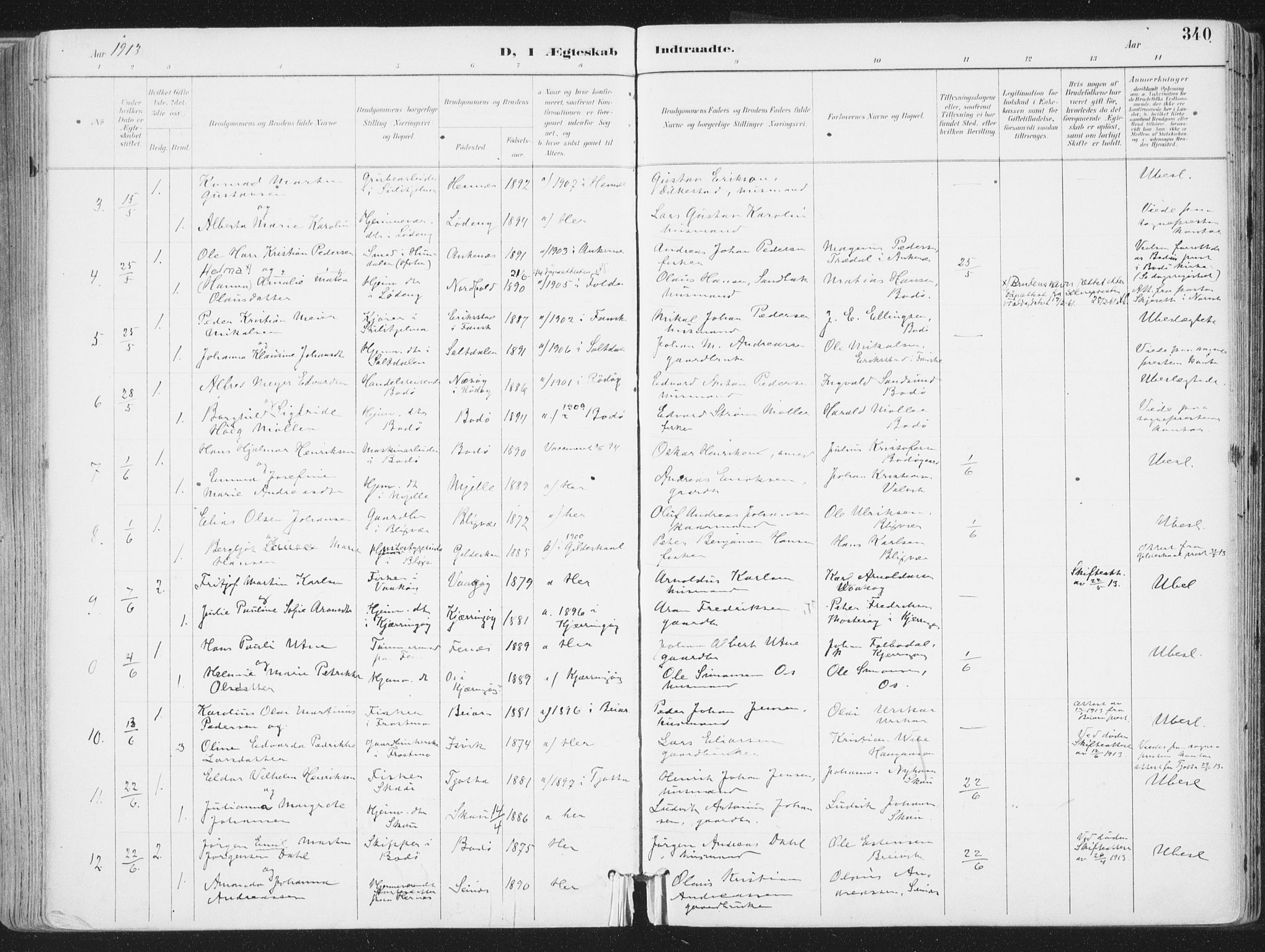 Ministerialprotokoller, klokkerbøker og fødselsregistre - Nordland, AV/SAT-A-1459/802/L0055: Parish register (official) no. 802A02, 1894-1915, p. 340