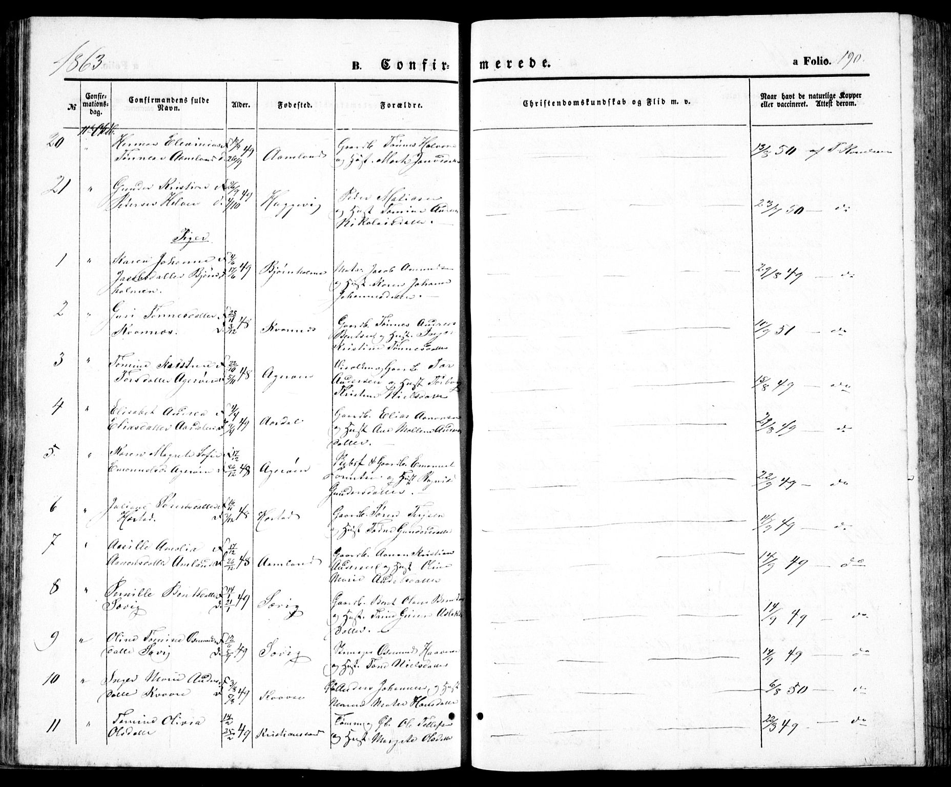 Høvåg sokneprestkontor, SAK/1111-0025/F/Fb/L0002: Parish register (copy) no. B 2, 1847-1869, p. 190