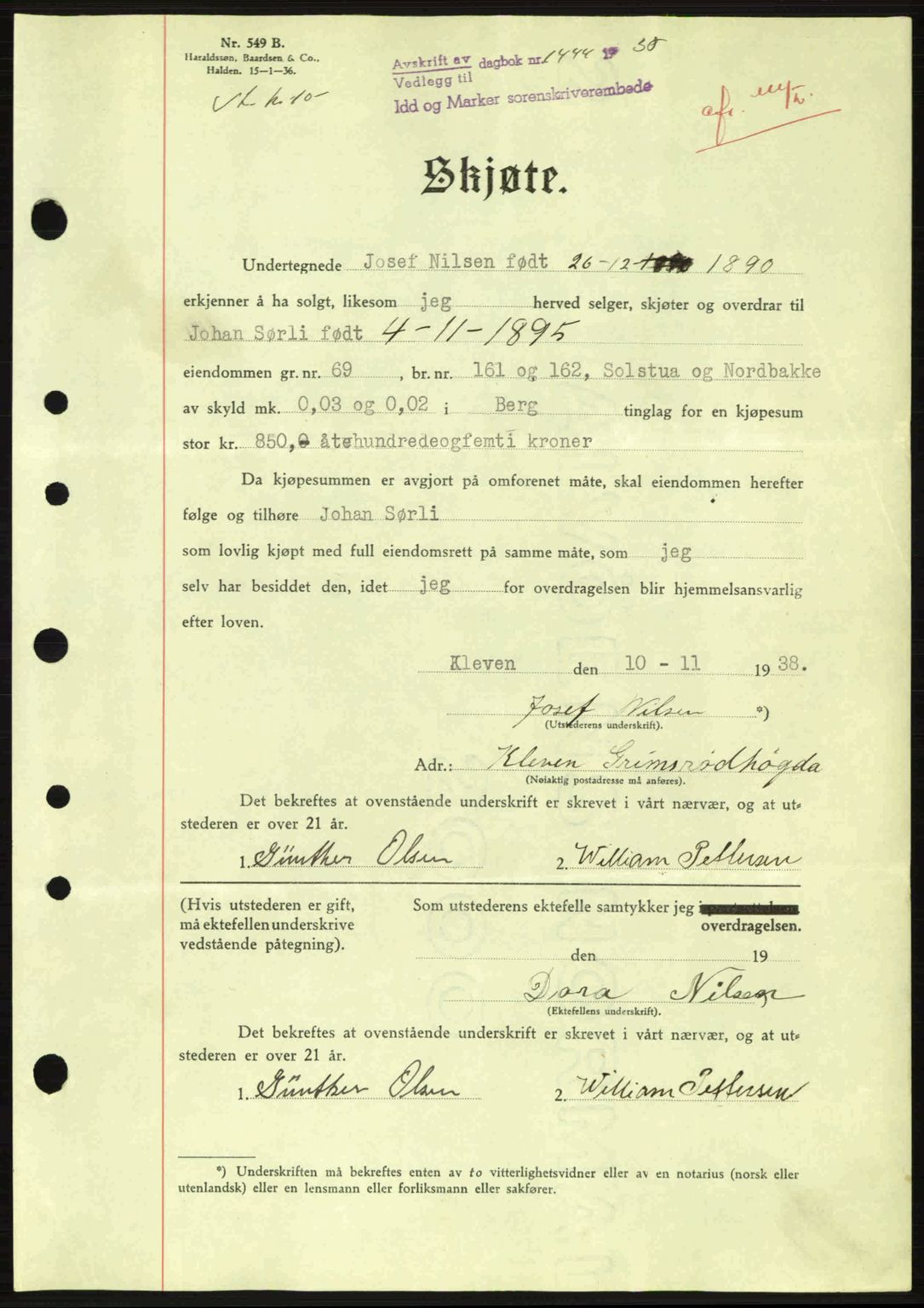 Idd og Marker sorenskriveri, AV/SAO-A-10283/G/Gb/Gbb/L0003: Mortgage book no. A3, 1938-1939, Diary no: : 1444/1938