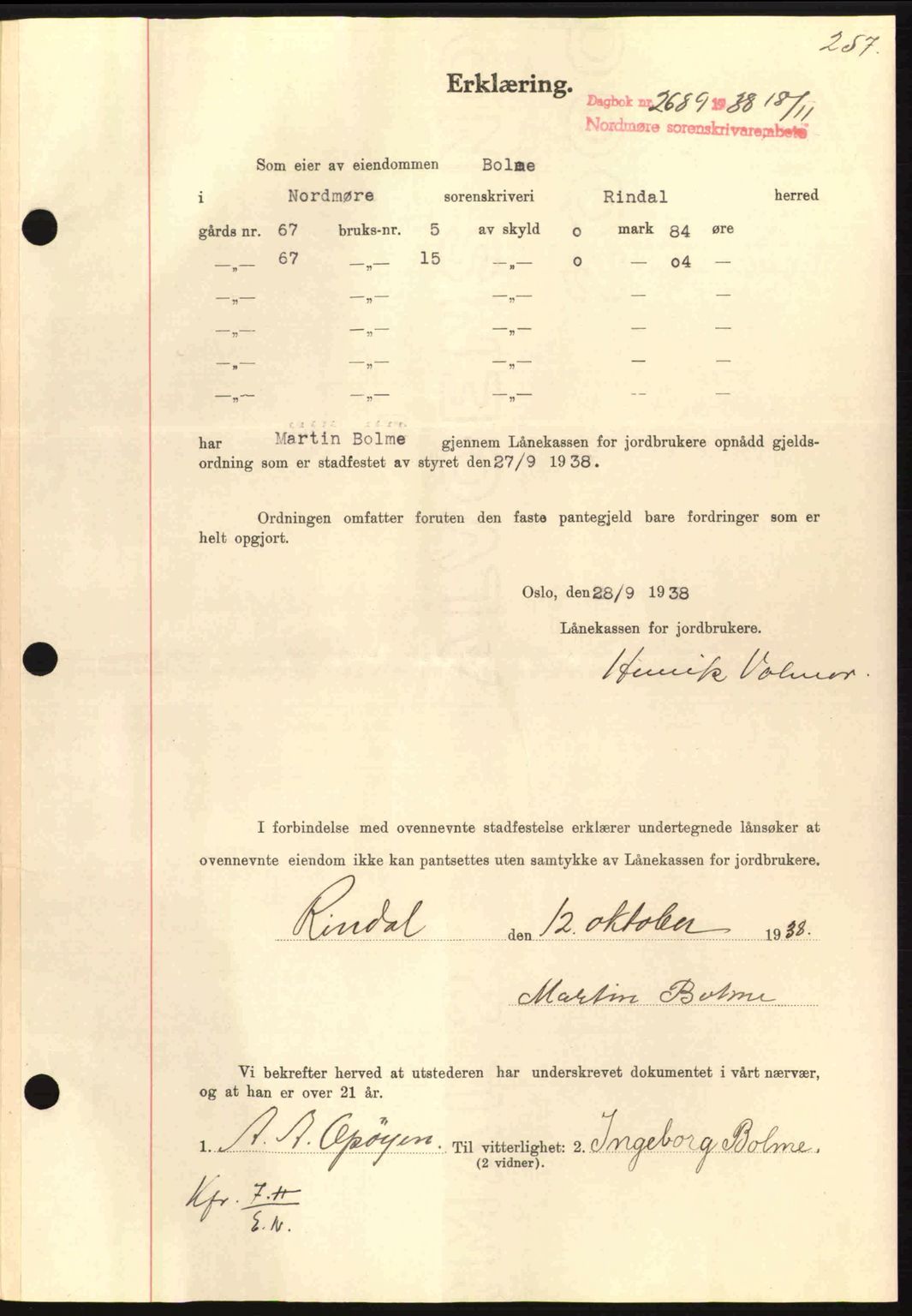 Nordmøre sorenskriveri, SAT/A-4132/1/2/2Ca: Mortgage book no. B84, 1938-1939, Diary no: : 2689/1938