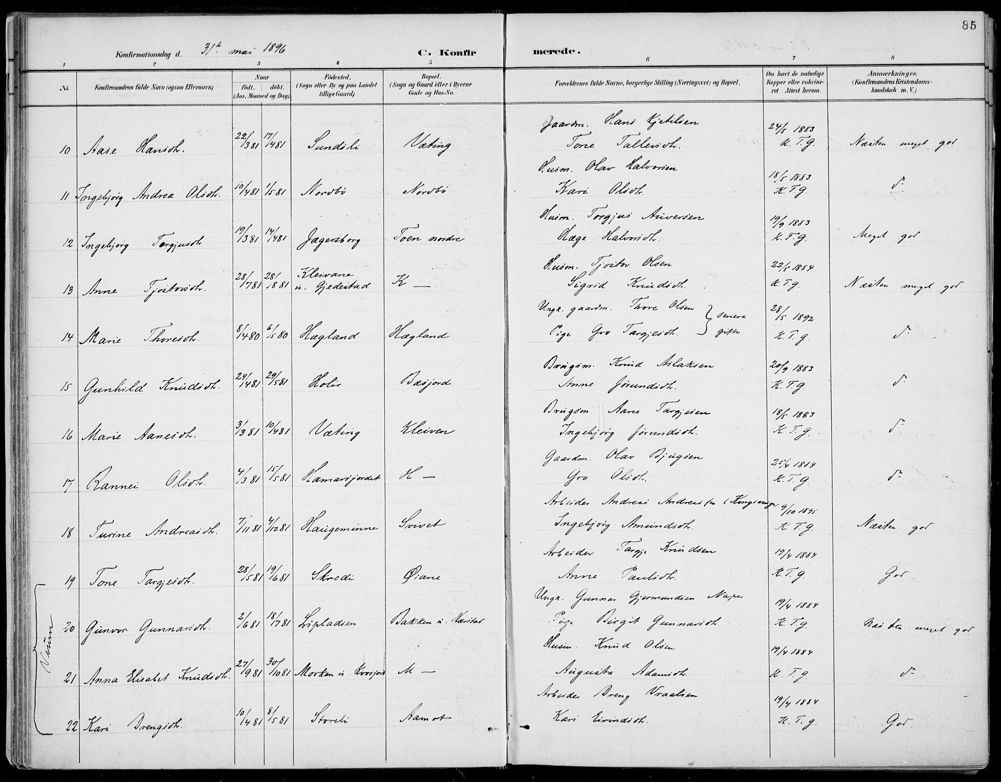 Fyresdal kirkebøker, SAKO/A-263/F/Fa/L0007: Parish register (official) no. I 7, 1887-1914, p. 85