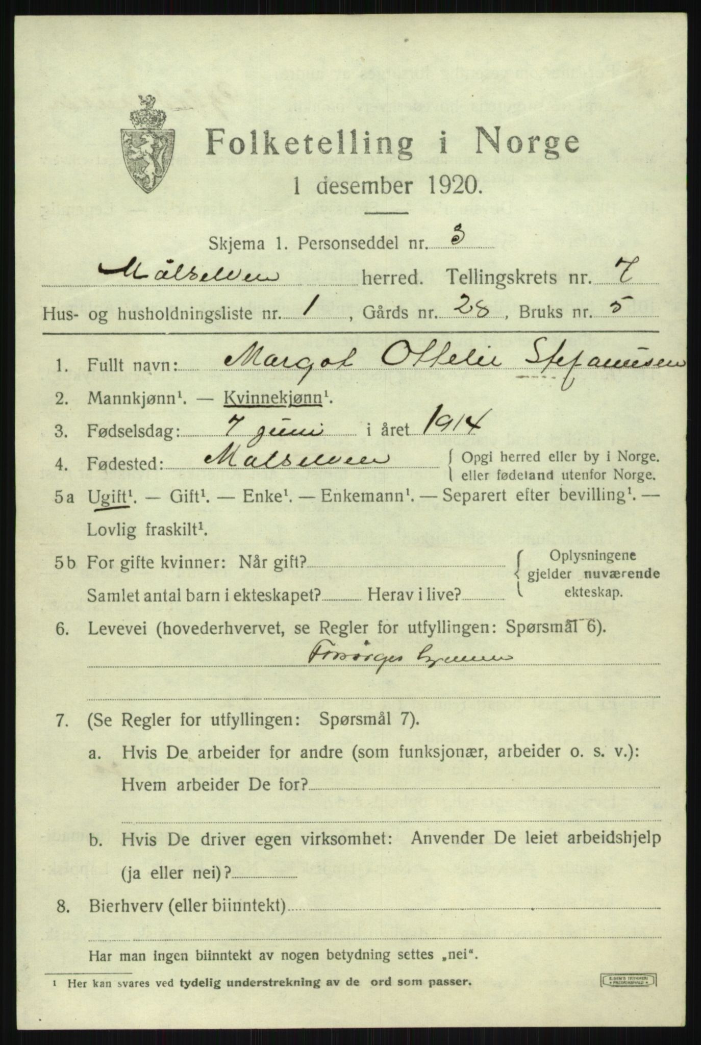 SATØ, 1920 census for Målselv, 1920, p. 4185