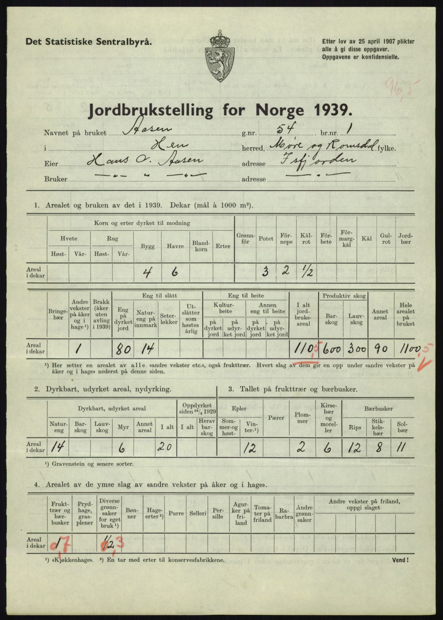 Statistisk sentralbyrå, Næringsøkonomiske emner, Jordbruk, skogbruk, jakt, fiske og fangst, AV/RA-S-2234/G/Gb/L0251: Møre og Romsdal: Voll, Eid, Grytten og Hen, 1939, p. 1417