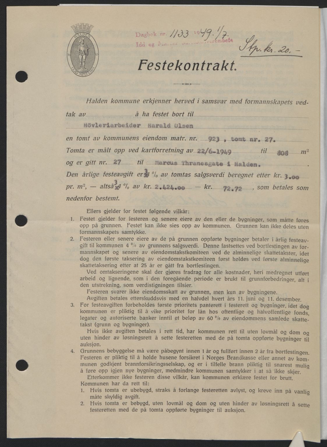 Idd og Marker sorenskriveri, AV/SAO-A-10283/G/Gb/Gbb/L0012: Mortgage book no. A12, 1949-1949, Diary no: : 1133/1949