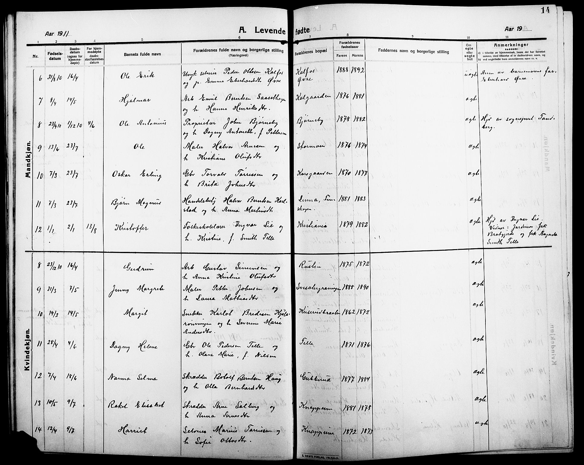 Åsnes prestekontor, AV/SAH-PREST-042/H/Ha/Hab/L0007: Parish register (copy) no. 7, 1909-1926, p. 14