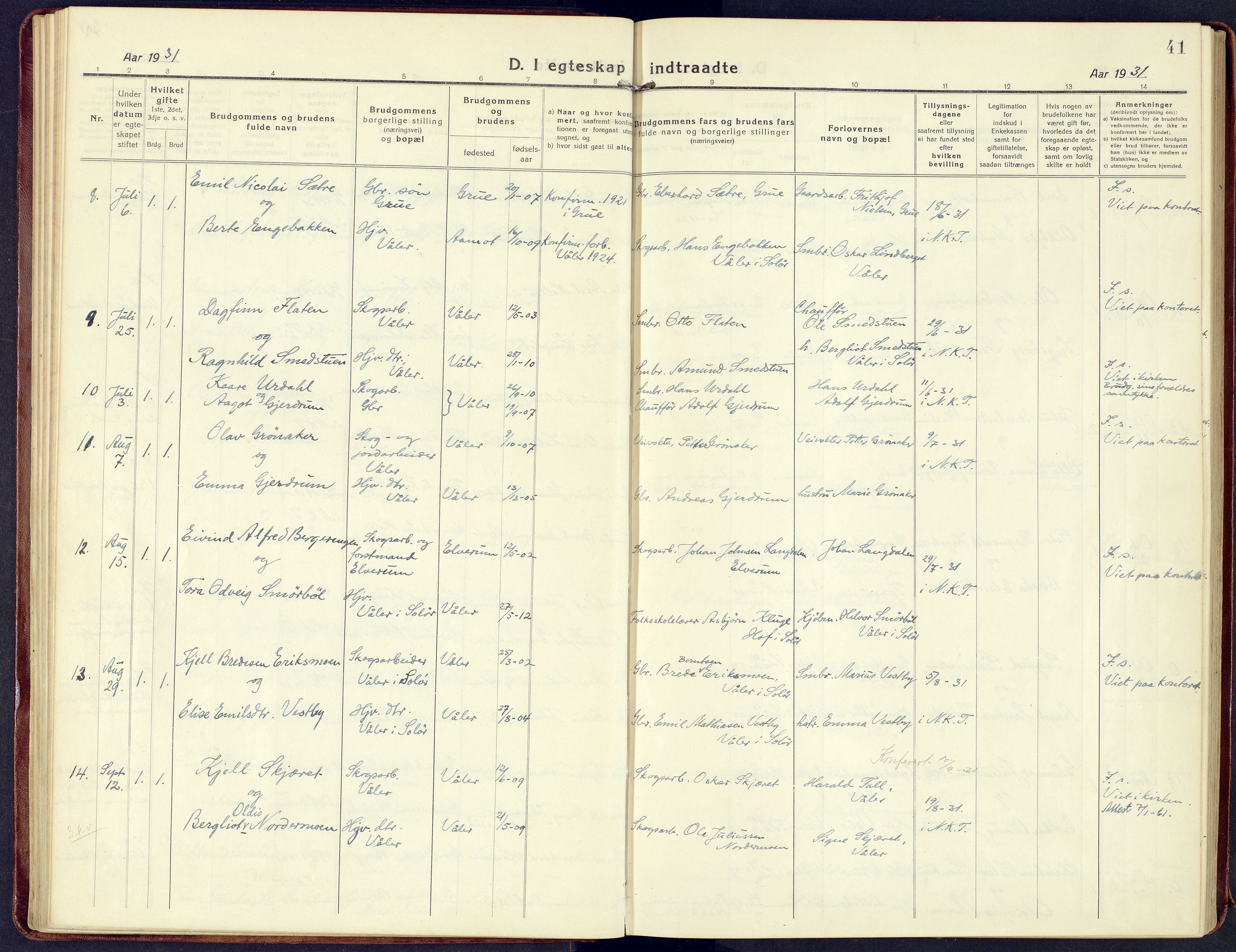 Våler prestekontor, Hedmark, AV/SAH-PREST-040/H/Ha/Haa/L0011: Parish register (official) no. 11, 1919-1933, p. 41