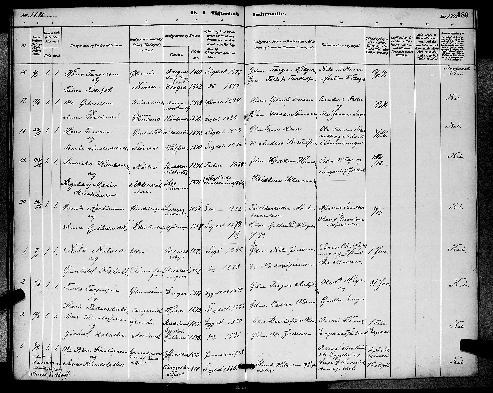 Sigdal kirkebøker, AV/SAKO-A-245/G/Ga/L0005: Parish register (copy) no. I 5, 1886-1900, p. 189