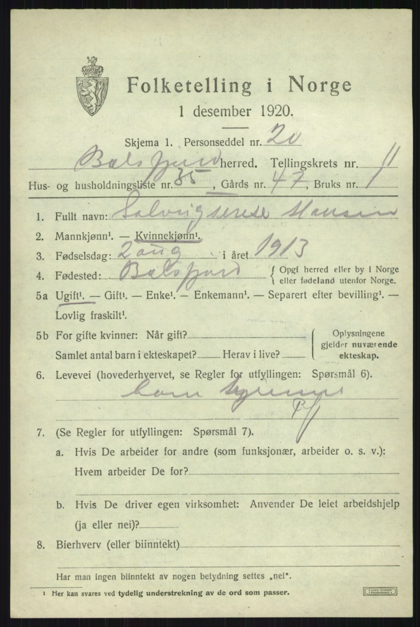 SATØ, 1920 census for Balsfjord, 1920, p. 6364