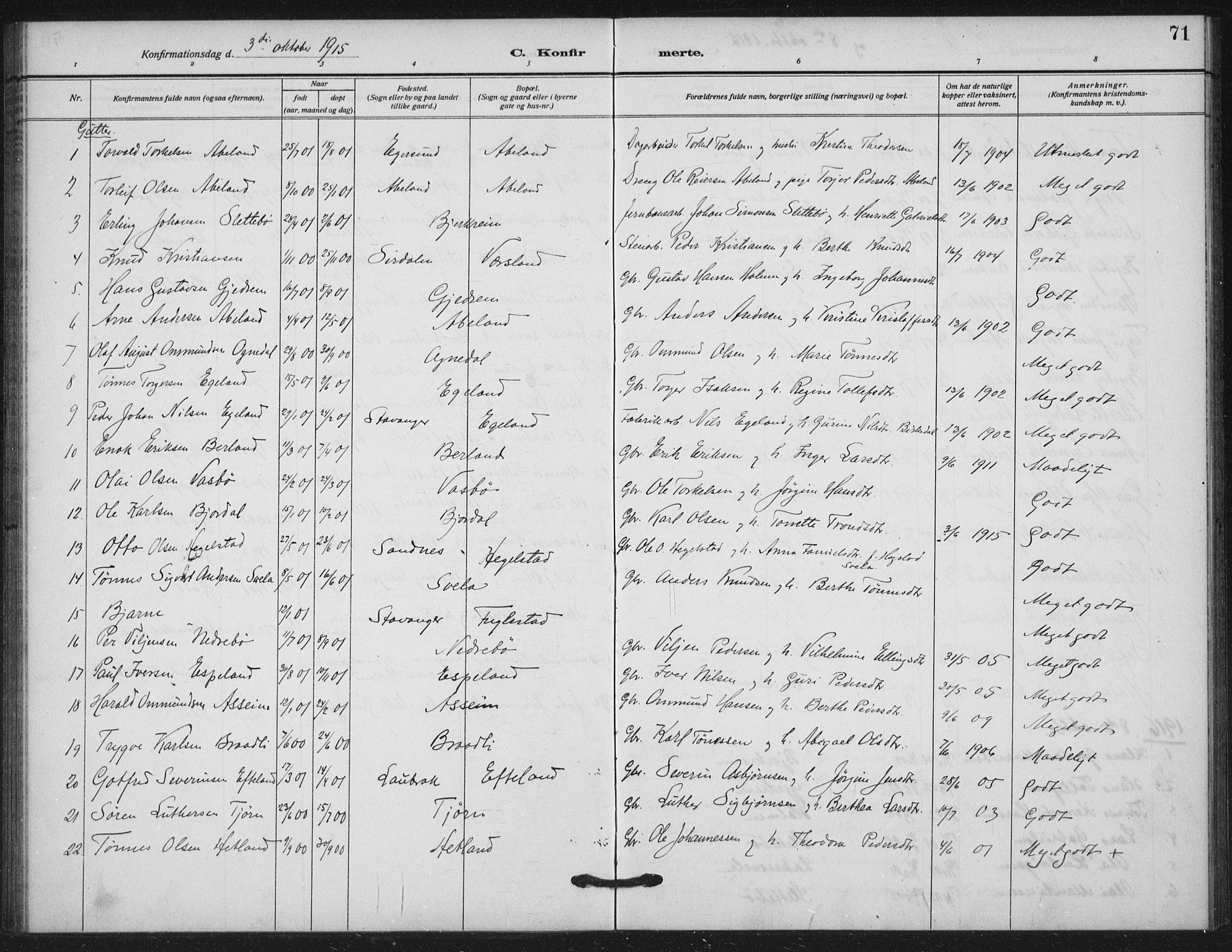 Helleland sokneprestkontor, SAST/A-101810: Parish register (official) no. A 11, 1909-1922, p. 71