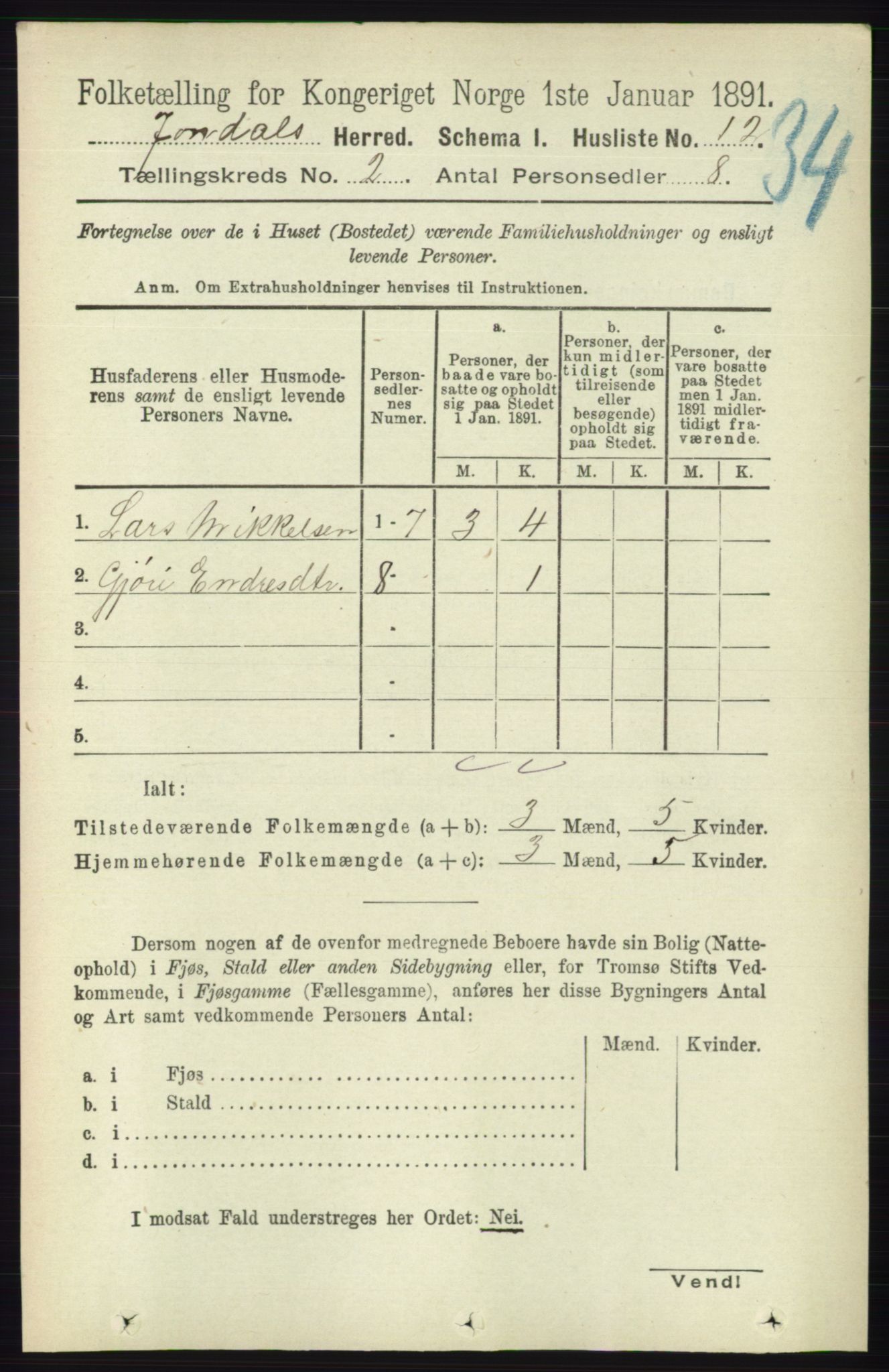 RA, 1891 census for 1227 Jondal, 1891, p. 788