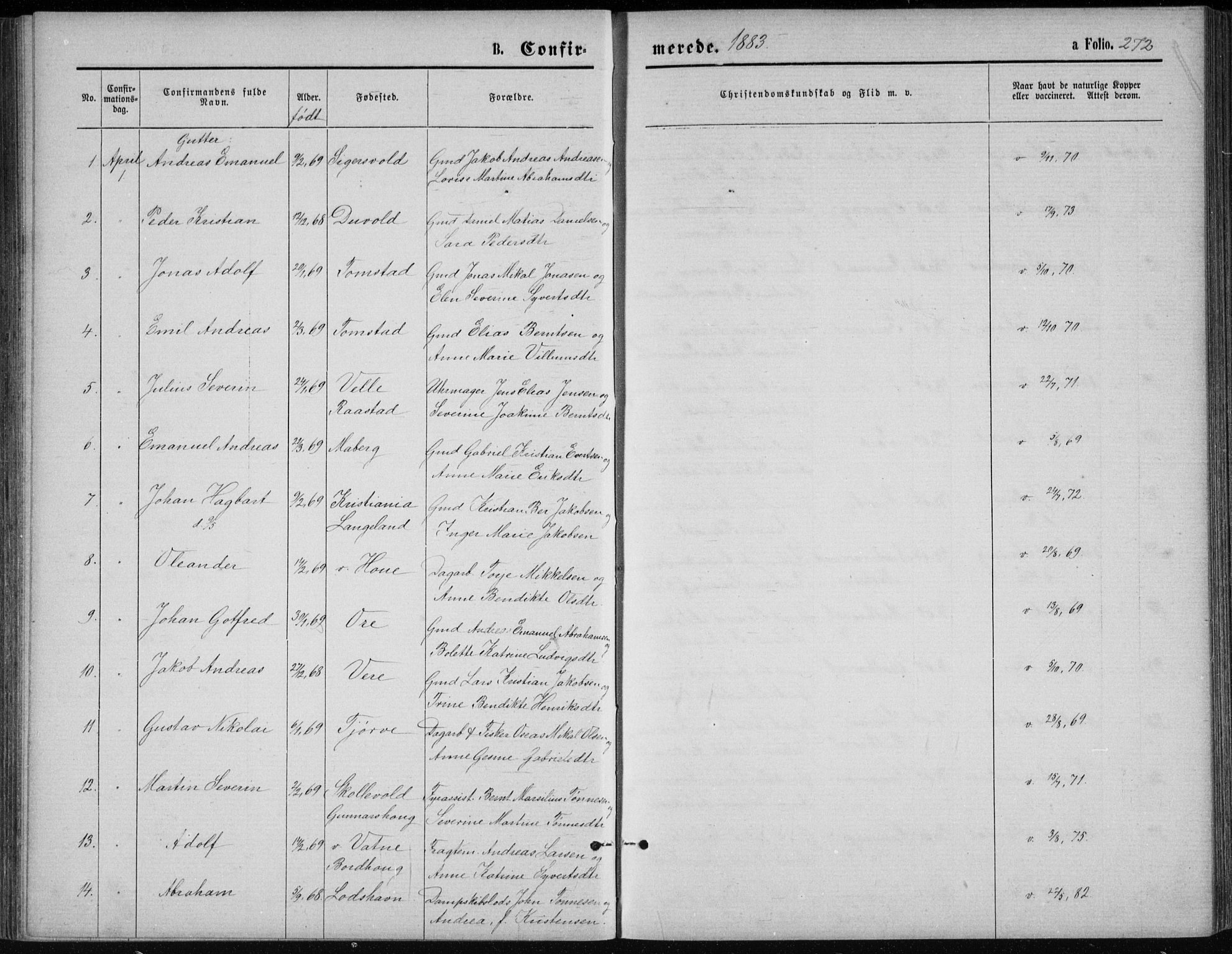 Lista sokneprestkontor, AV/SAK-1111-0027/F/Fb/L0004: Parish register (copy) no. B 4, 1877-1891, p. 272