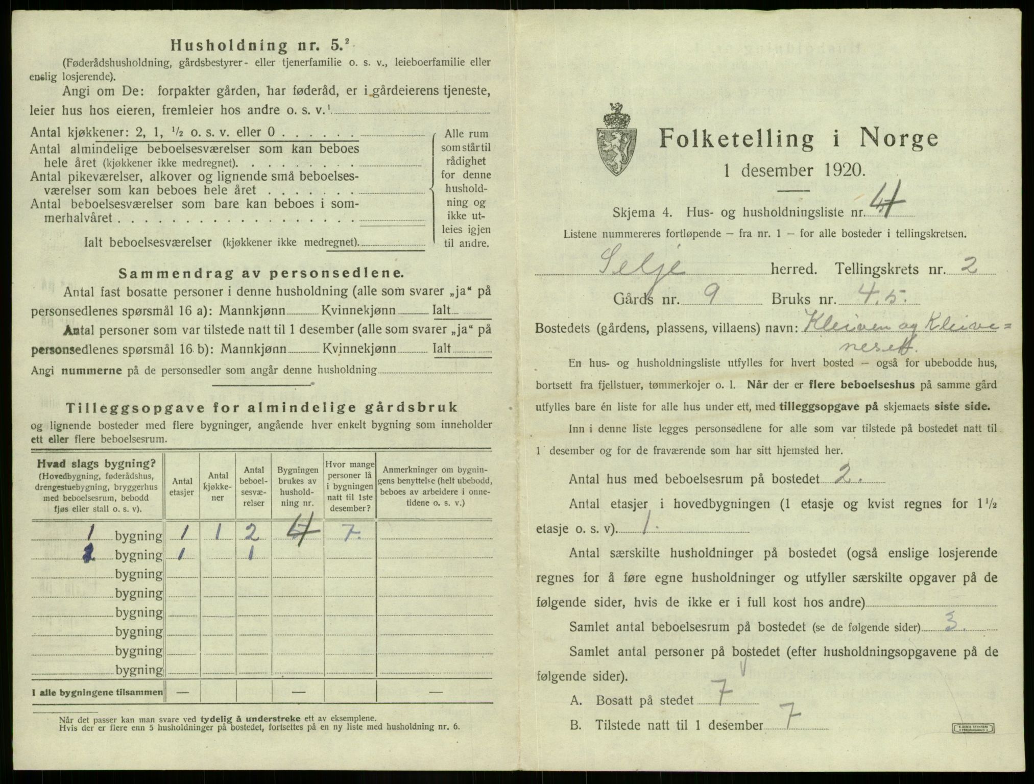 SAB, 1920 census for Selje, 1920, p. 136