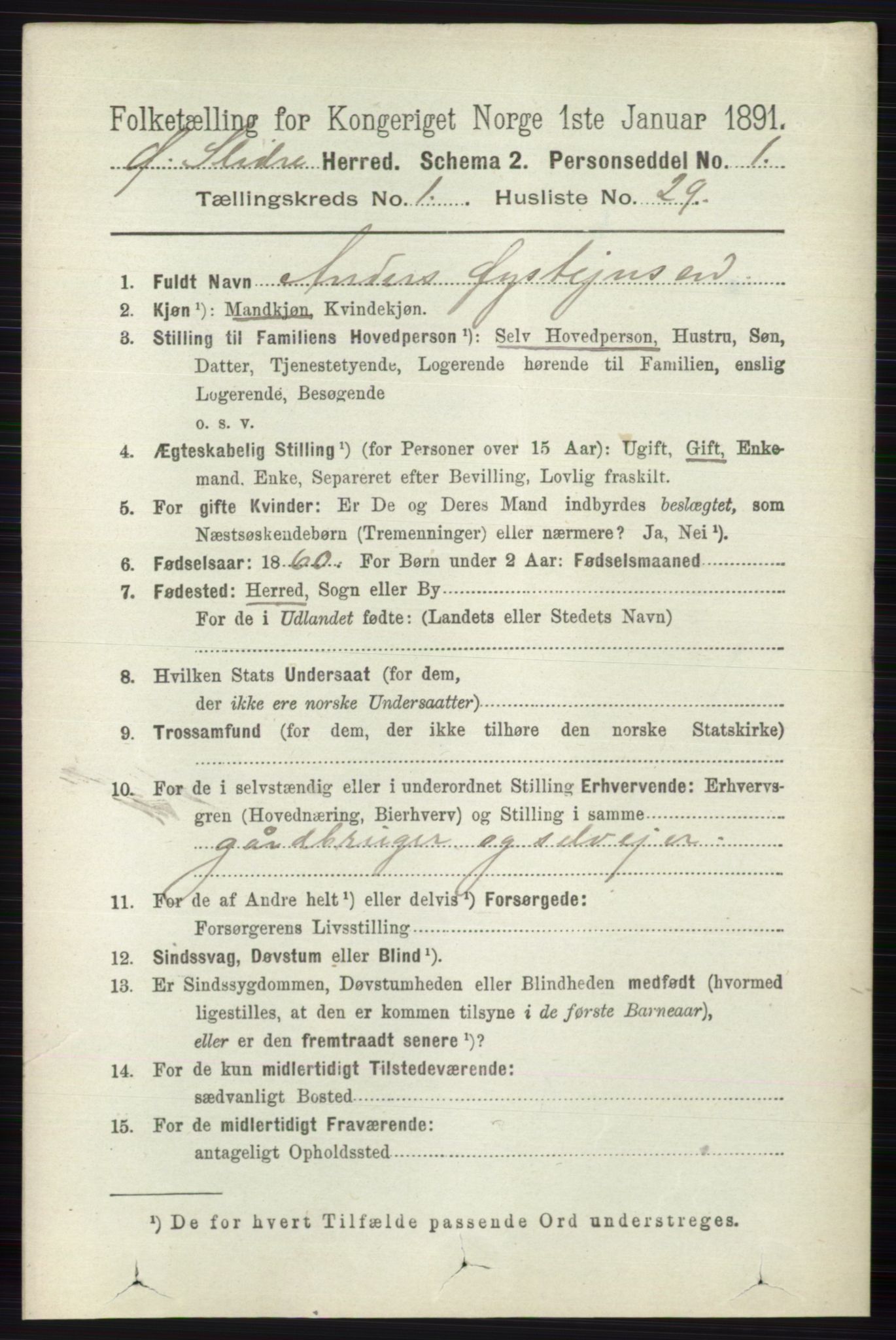 RA, 1891 census for 0544 Øystre Slidre, 1891, p. 212