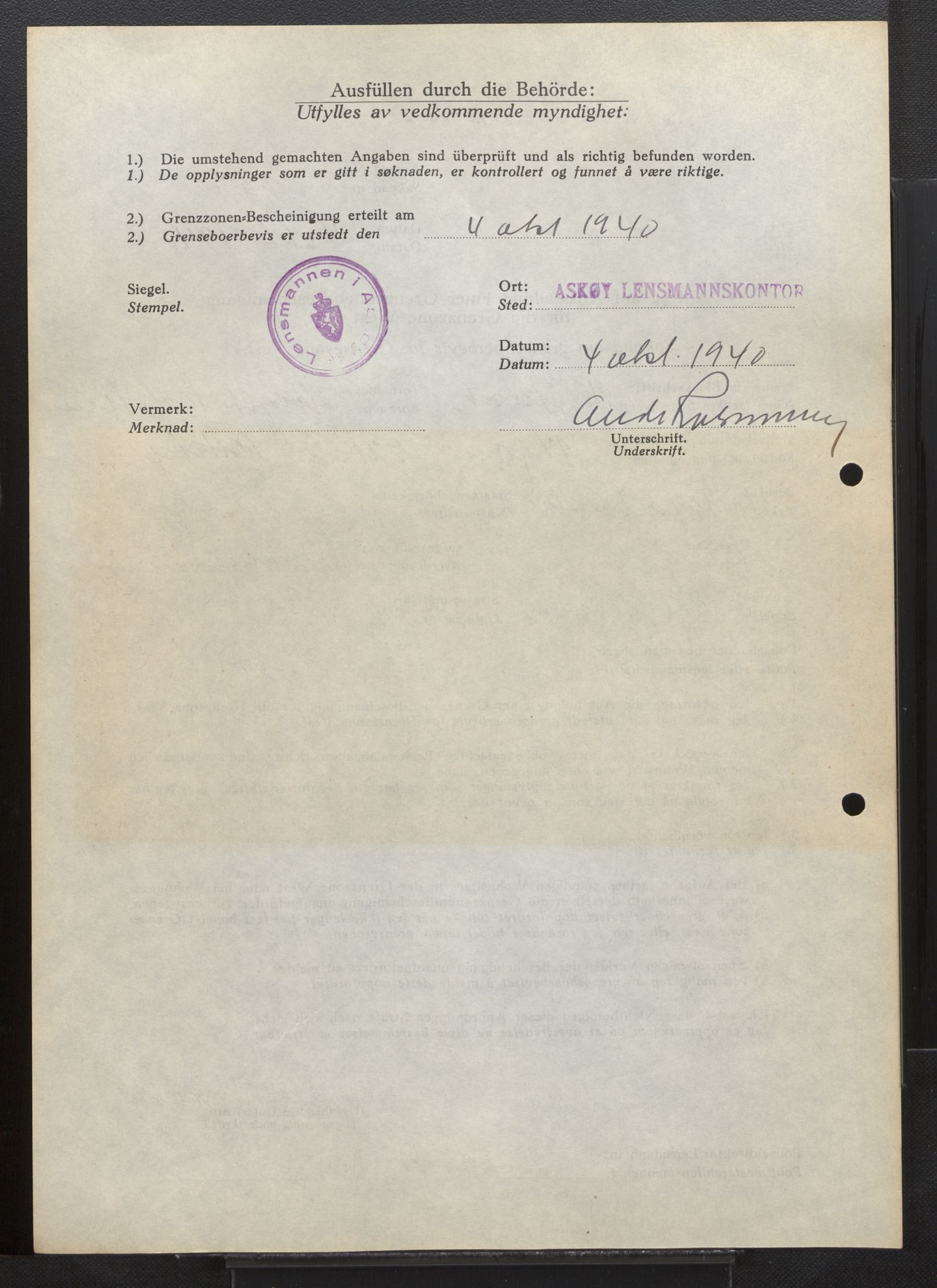 Lensmannen i Askøy, AV/SAB-A-31001/0026/L0005: Søknader om grensebuarbevis 851 - 1275, 1940, p. 18