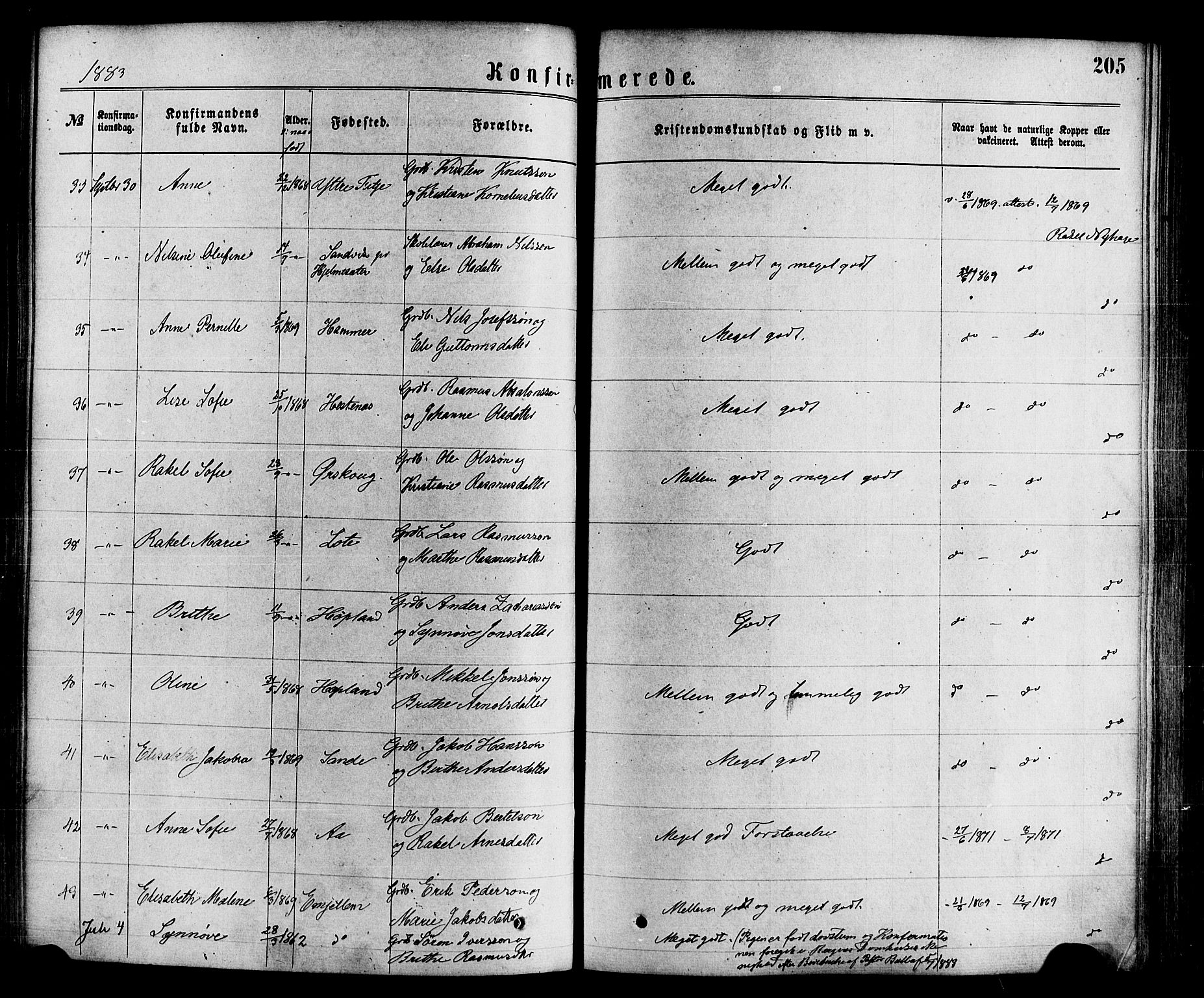 Gloppen sokneprestembete, SAB/A-80101/H/Haa/Haaa/L0010: Parish register (official) no. A 10, 1871-1884, p. 205