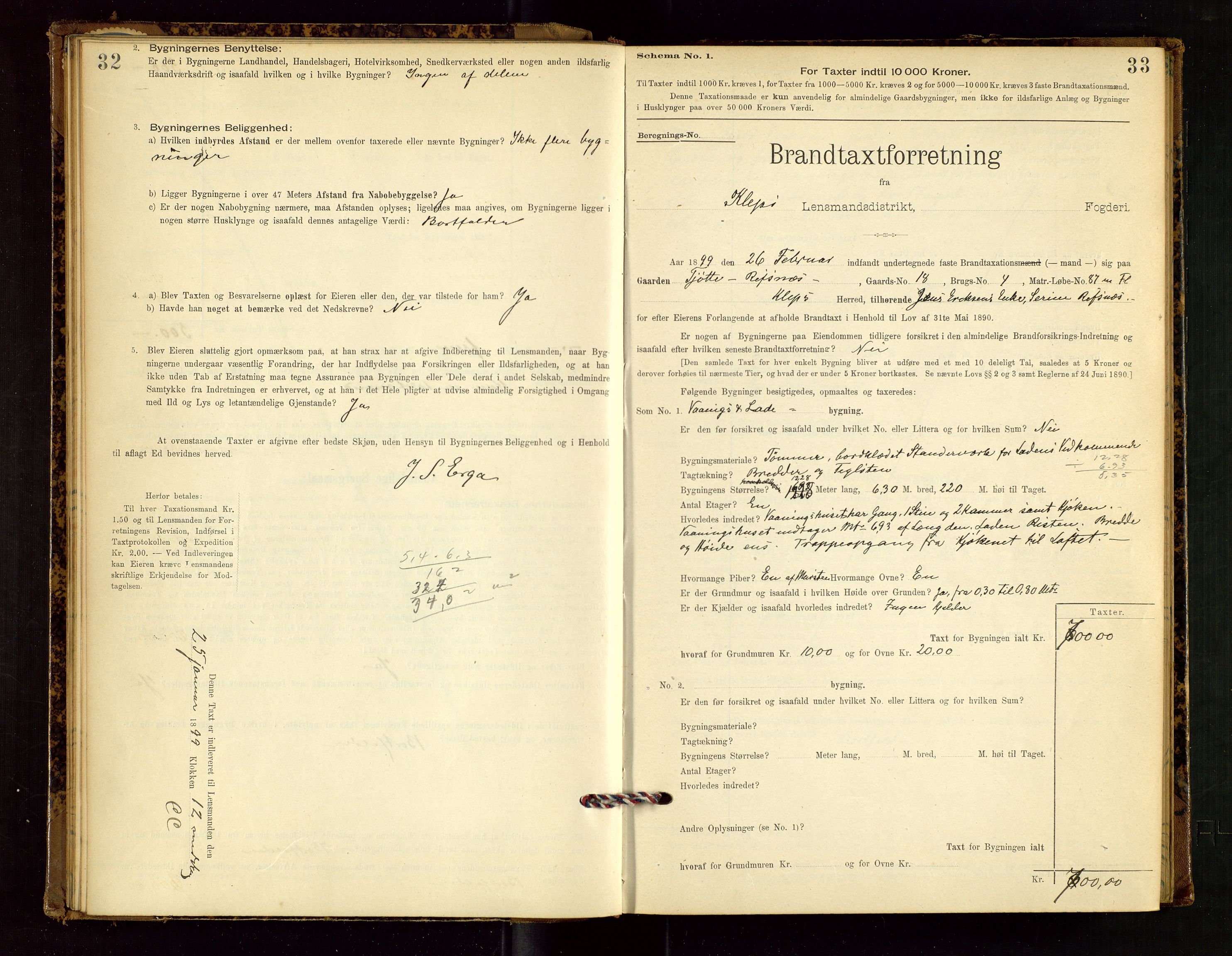 Klepp lensmannskontor, AV/SAST-A-100163/Goc/L0002: "Brandtaxationsprotokol" m/register, 1898-1902, p. 32-33