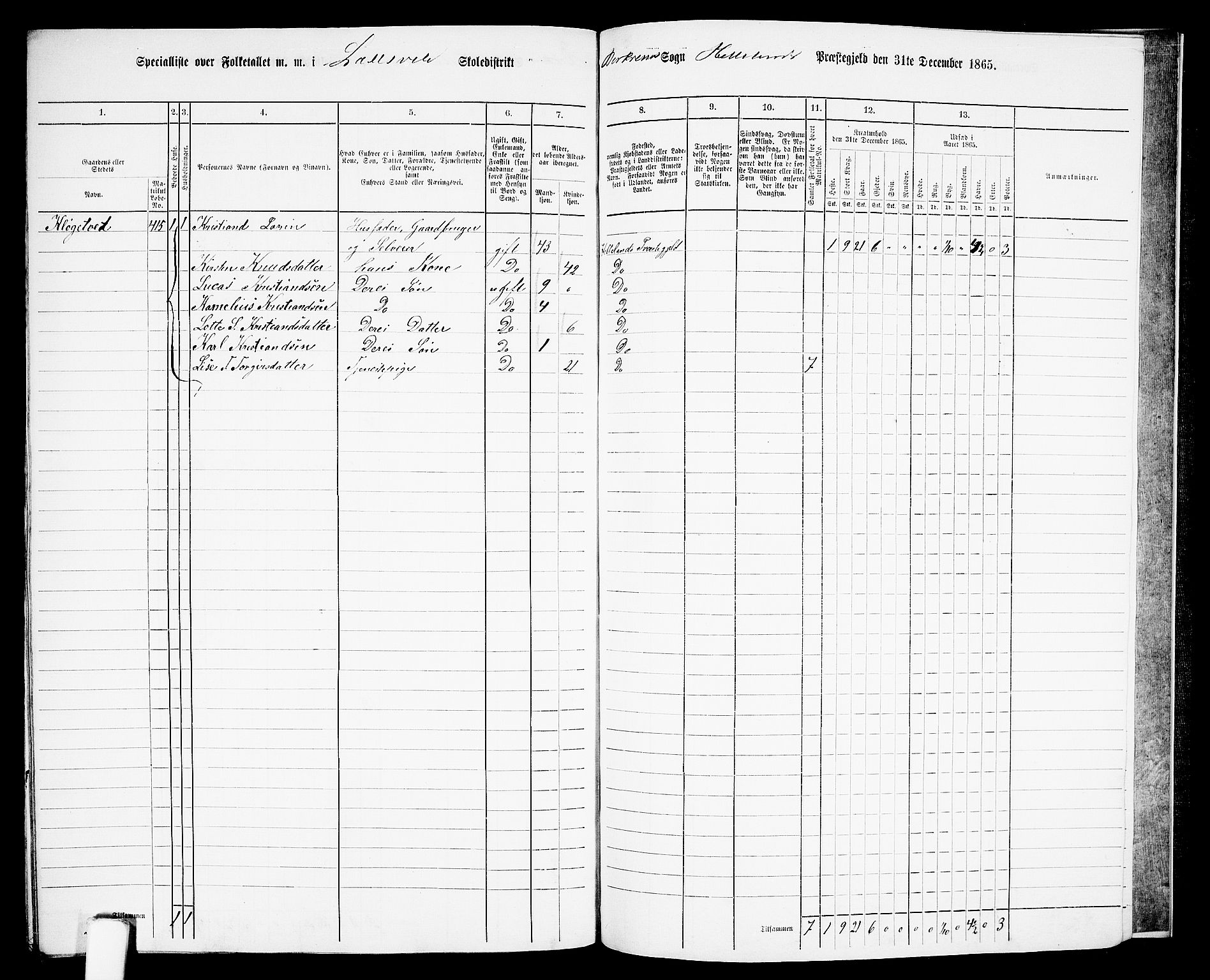 RA, 1865 census for Helleland, 1865, p. 140