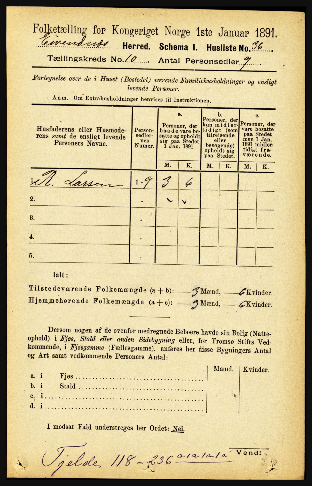 RA, 1891 census for 1853 Evenes, 1891, p. 3124