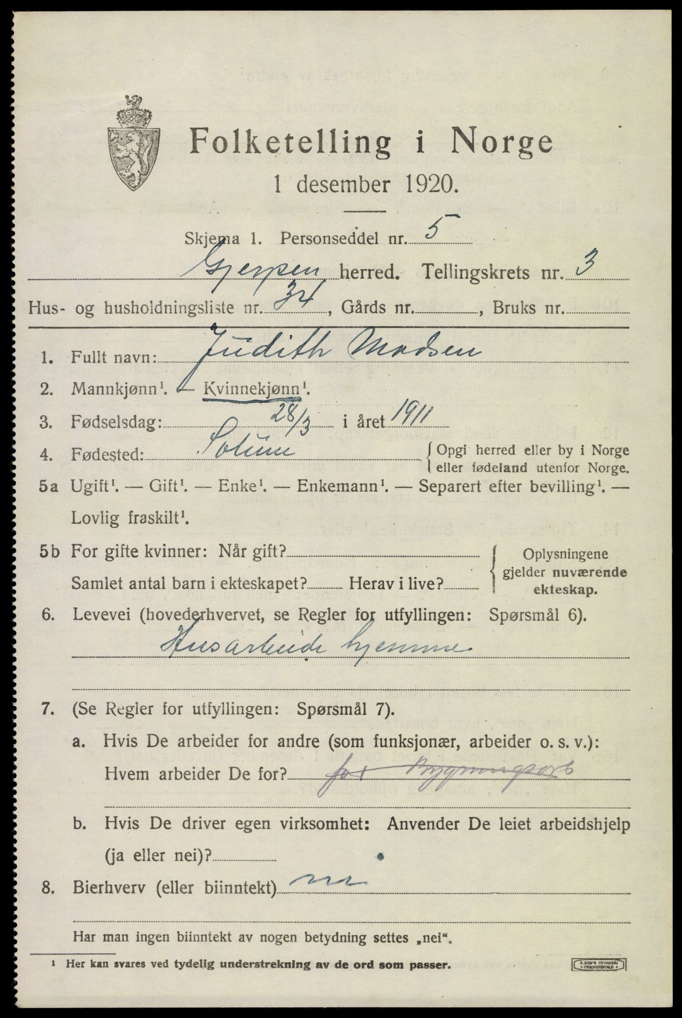 SAKO, 1920 census for Gjerpen, 1920, p. 5608