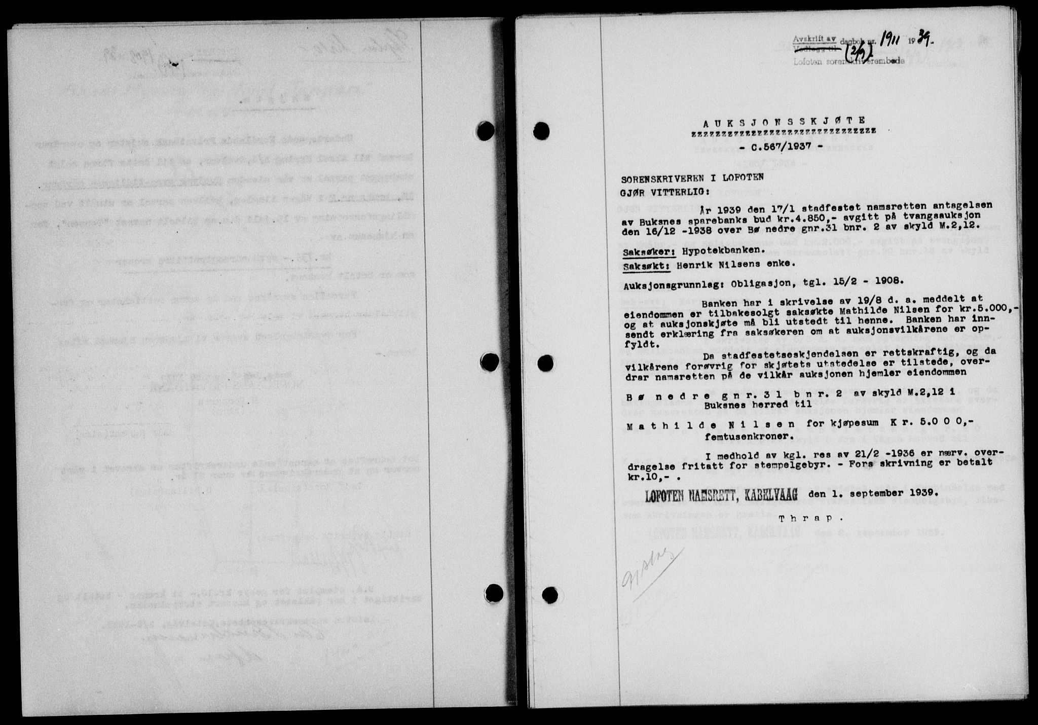 Lofoten sorenskriveri, SAT/A-0017/1/2/2C/L0006a: Mortgage book no. 6a, 1939-1939, Diary no: : 1911/1939