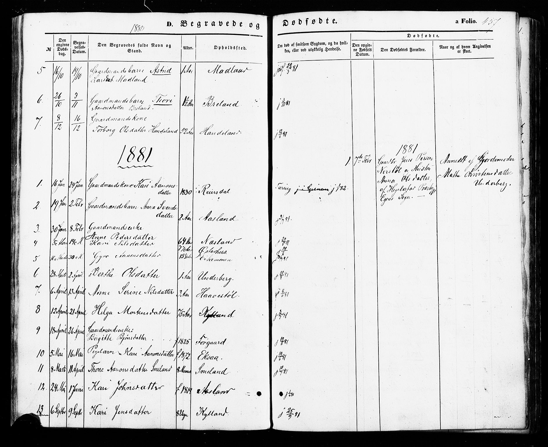 Åseral sokneprestkontor, SAK/1111-0051/F/Fa/L0002: Parish register (official) no. A 2, 1854-1884, p. 457
