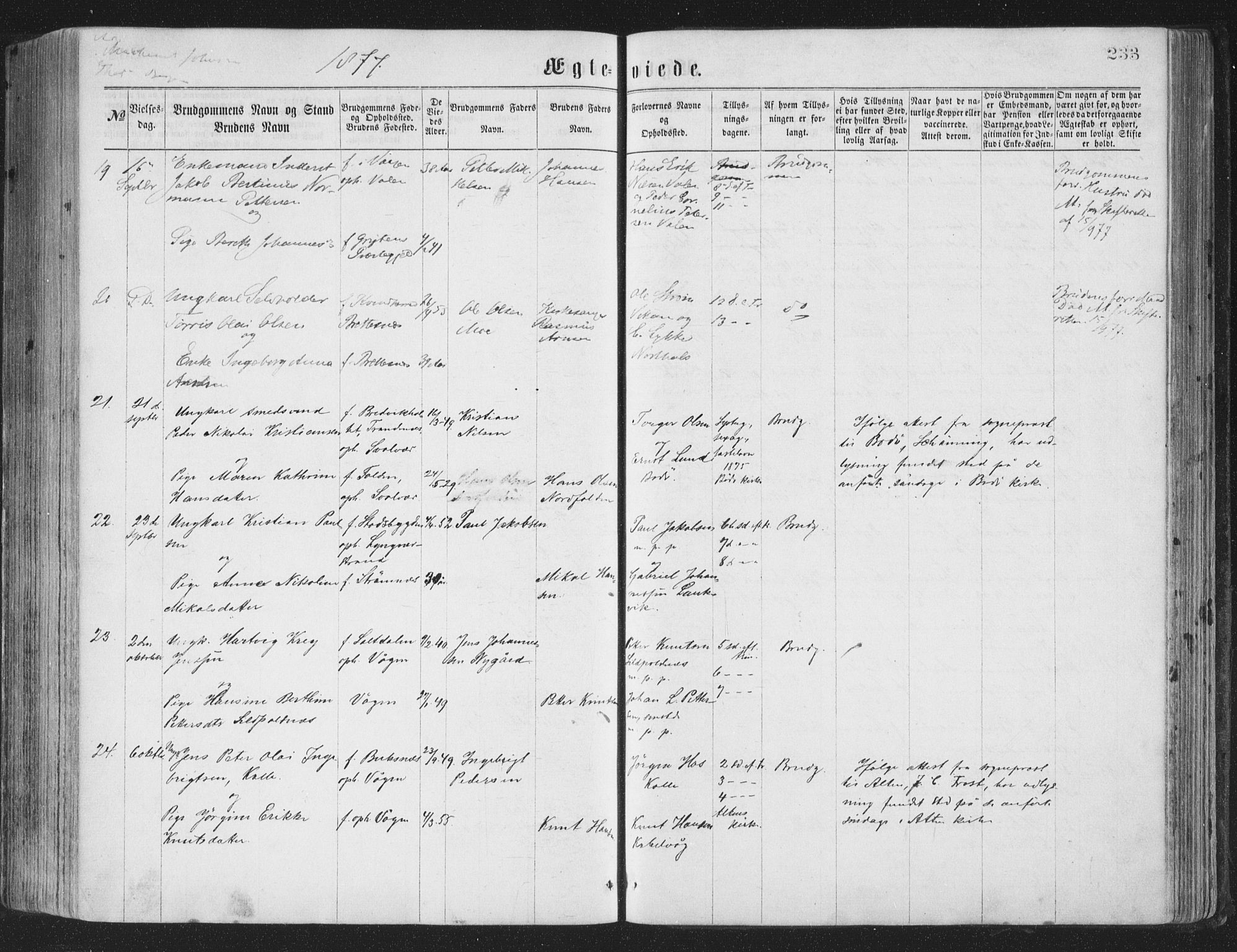 Ministerialprotokoller, klokkerbøker og fødselsregistre - Nordland, AV/SAT-A-1459/874/L1057: Parish register (official) no. 874A01, 1866-1877, p. 233