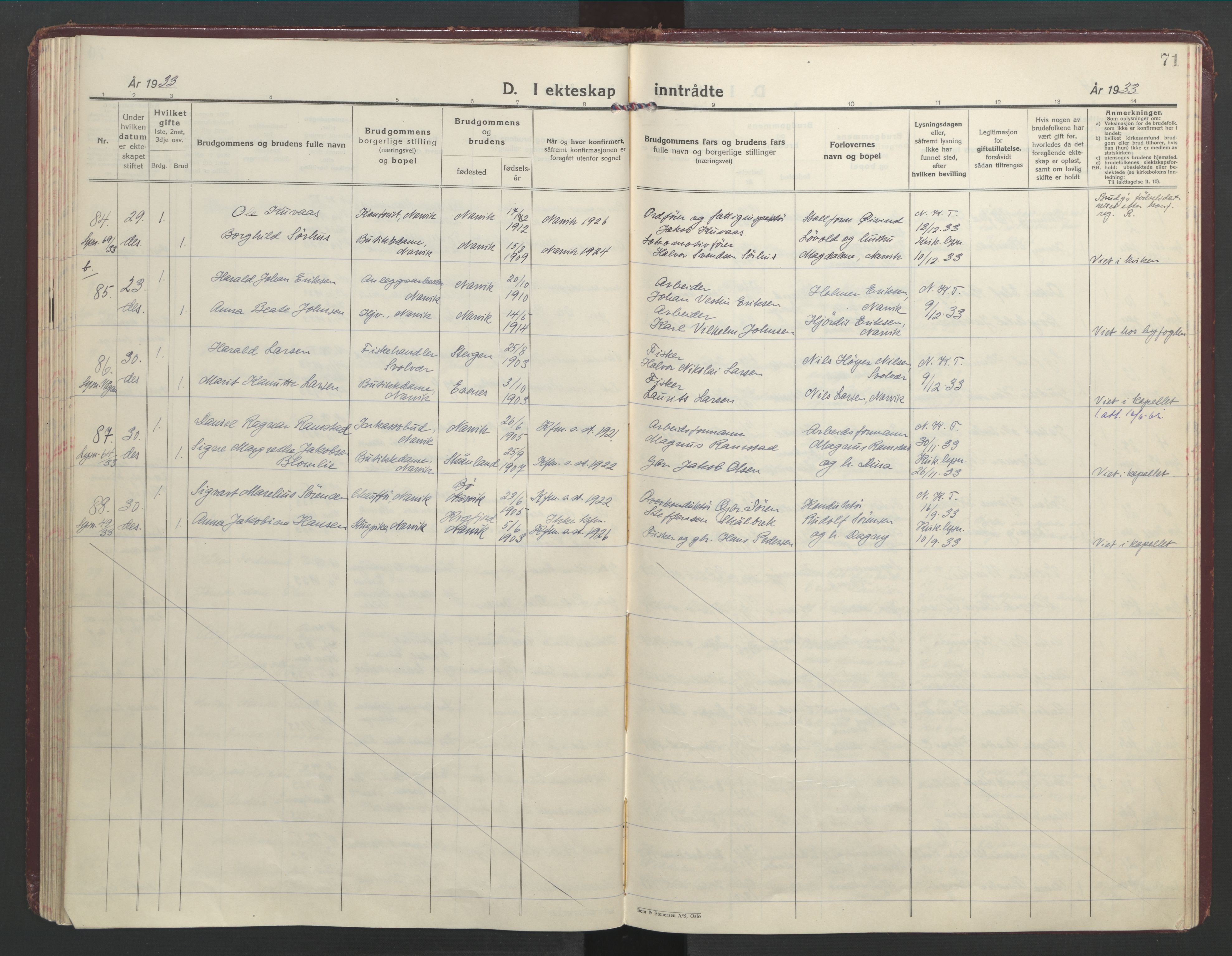 Ministerialprotokoller, klokkerbøker og fødselsregistre - Nordland, AV/SAT-A-1459/871/L1006: Parish register (official) no. 871A22, 1928-1936, p. 71