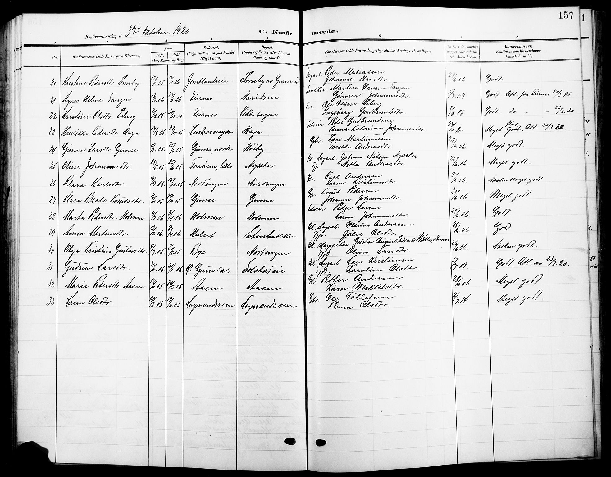 Ringsaker prestekontor, AV/SAH-PREST-014/L/La/L0017: Parish register (copy) no. 17, 1905-1920, p. 157