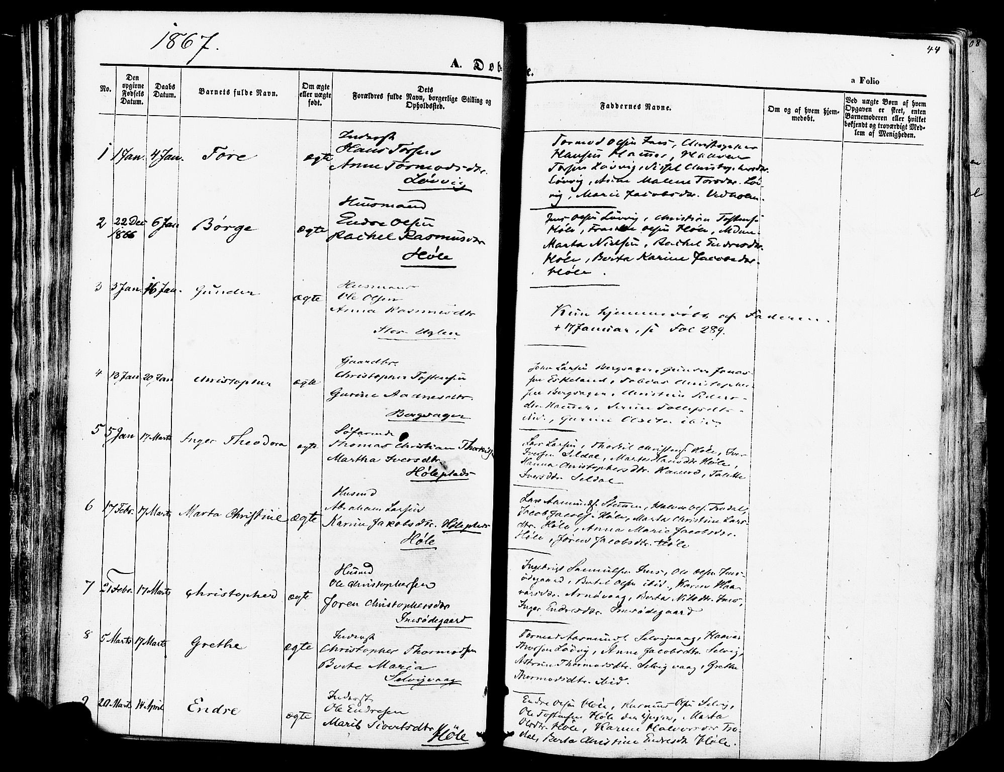Høgsfjord sokneprestkontor, SAST/A-101624/H/Ha/Haa/L0002: Parish register (official) no. A 2, 1855-1885, p. 44