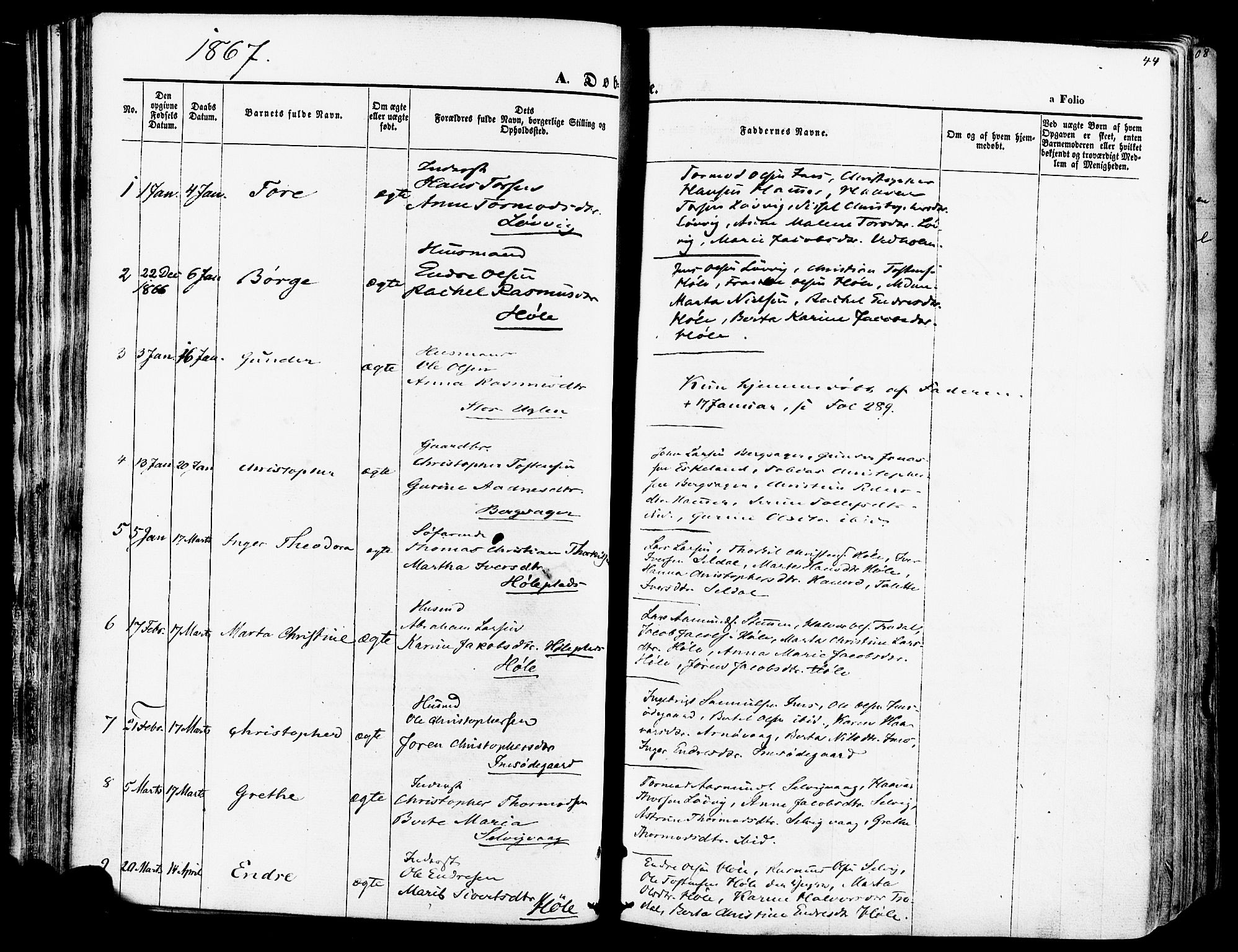 Høgsfjord sokneprestkontor, AV/SAST-A-101624/H/Ha/Haa/L0002: Parish register (official) no. A 2, 1855-1885, p. 44