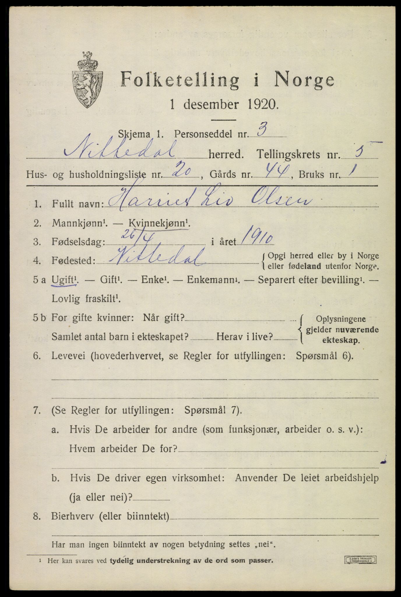 SAO, 1920 census for Nittedal, 1920, p. 6704