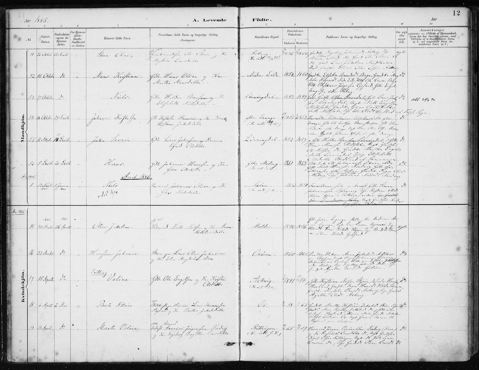 Os sokneprestembete, SAB/A-99929: Parish register (official) no. B 1, 1885-1902, p. 12