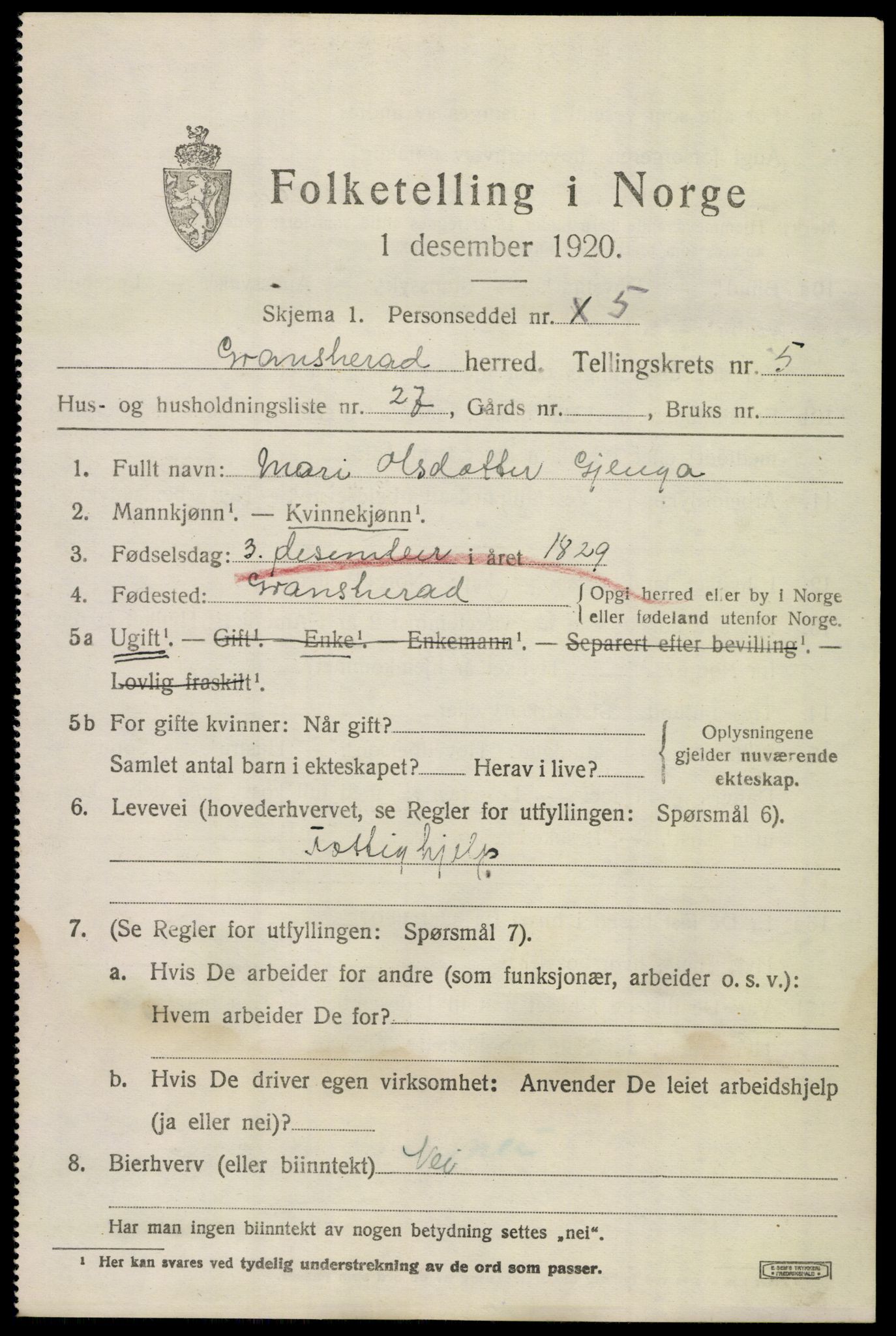 SAKO, 1920 census for Gransherad, 1920, p. 2302