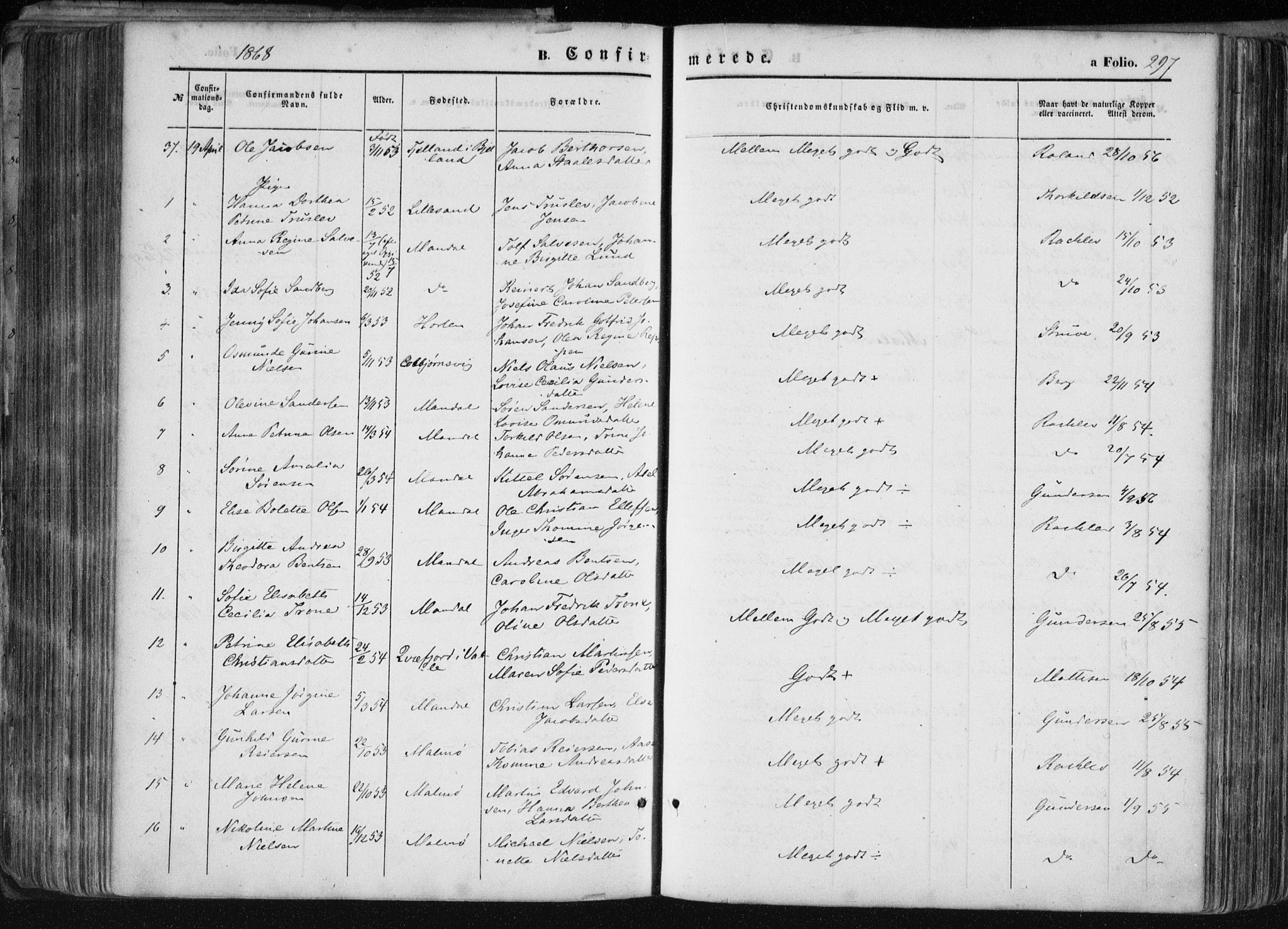 Mandal sokneprestkontor, AV/SAK-1111-0030/F/Fa/Faa/L0014: Parish register (official) no. A 14, 1859-1872, p. 297