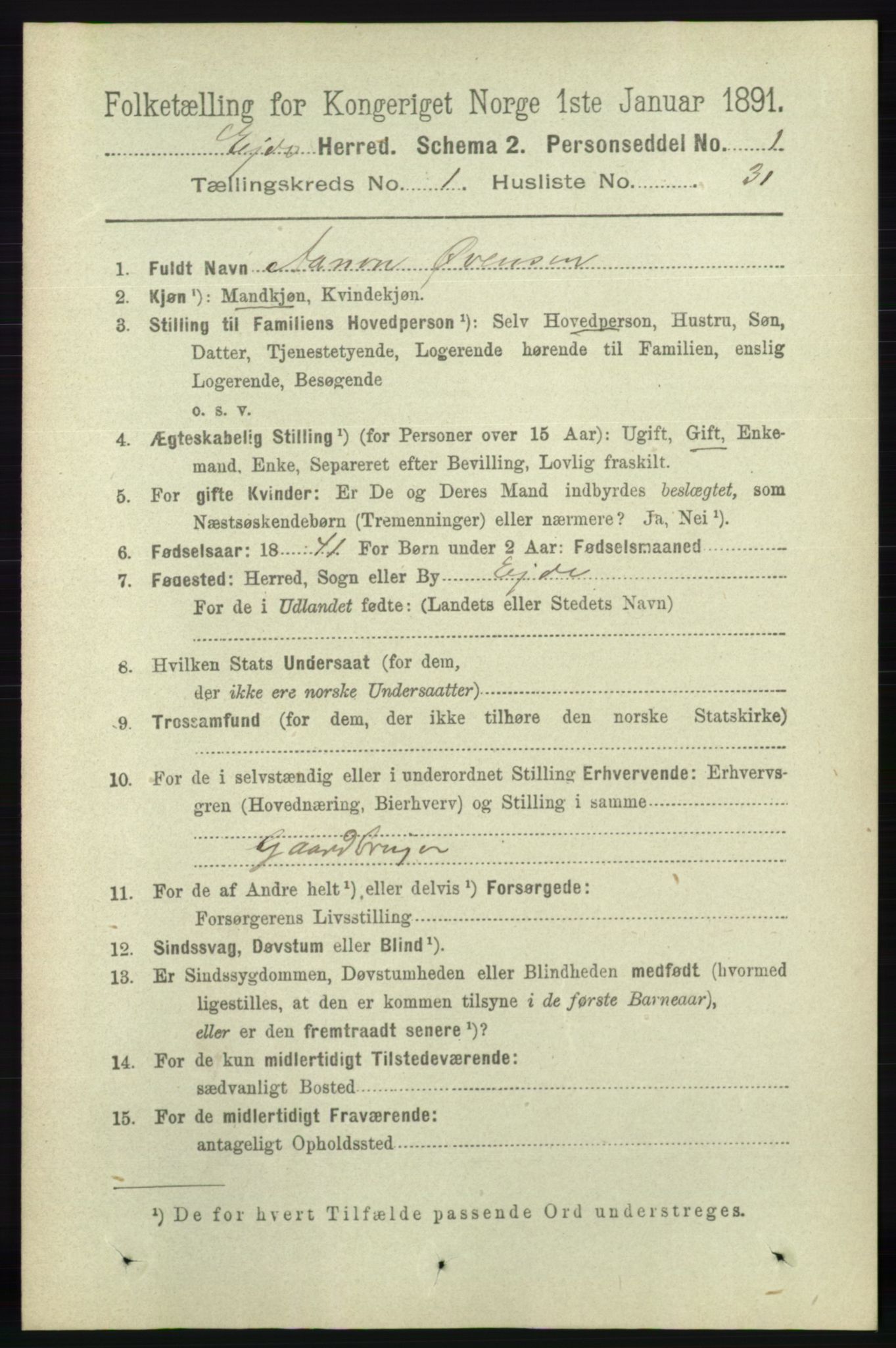 RA, 1891 census for 0925 Eide, 1891, p. 244