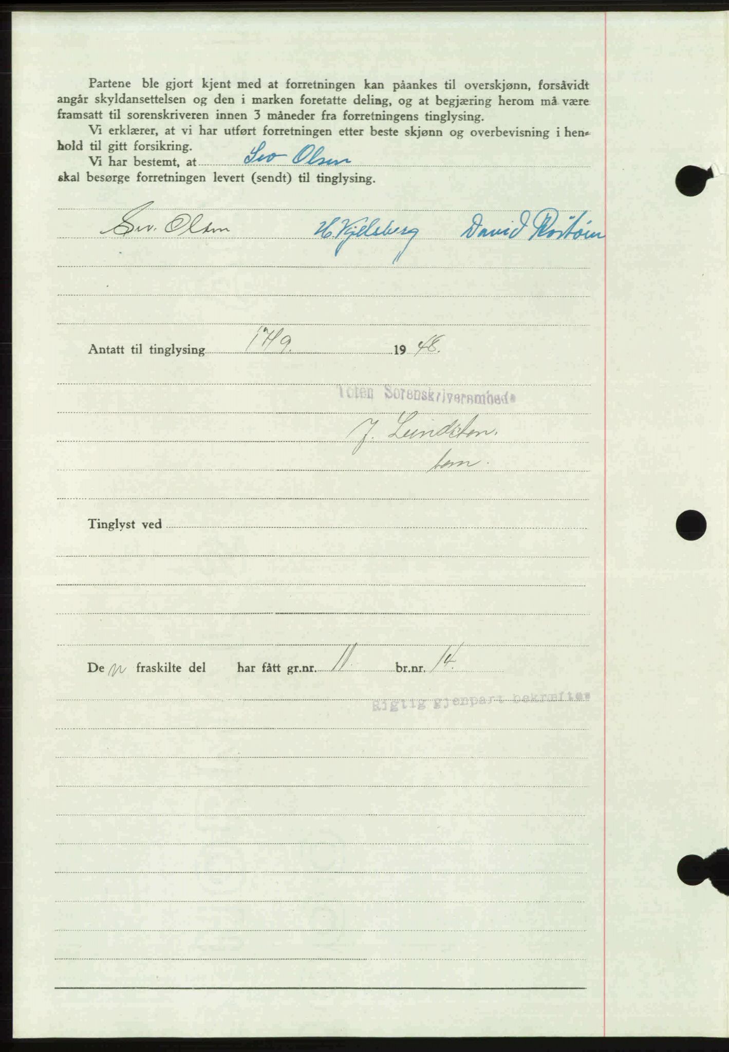 Toten tingrett, SAH/TING-006/H/Hb/Hbc/L0020: Mortgage book no. Hbc-20, 1948-1948, Diary no: : 3008/1948