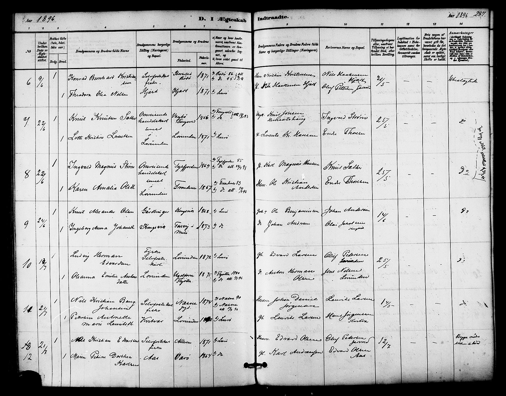 Ministerialprotokoller, klokkerbøker og fødselsregistre - Nordland, AV/SAT-A-1459/839/L0568: Parish register (official) no. 839A05, 1880-1902, p. 287