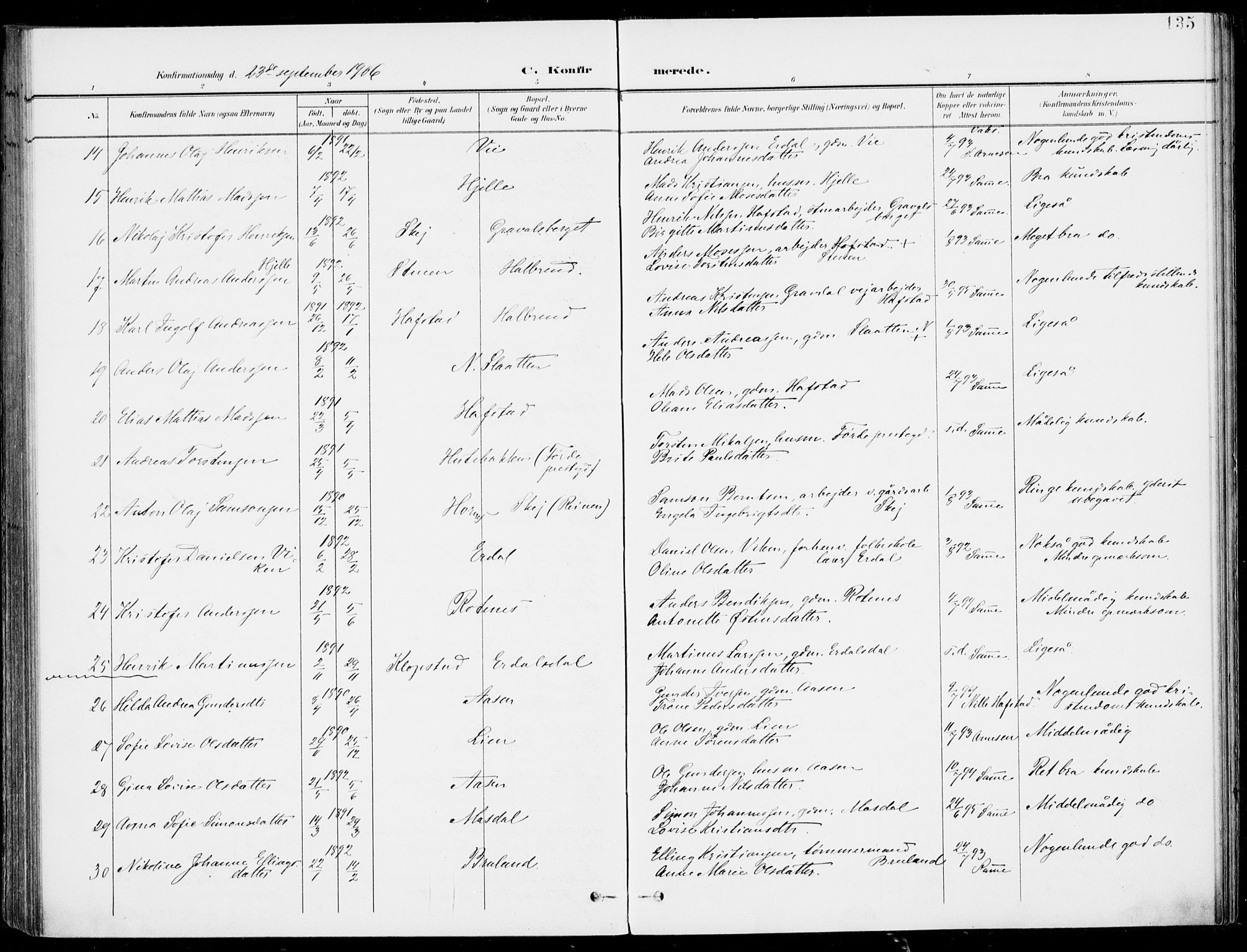 Førde sokneprestembete, SAB/A-79901/H/Haa/Haab/L0002: Parish register (official) no. B  2, 1899-1920, p. 135