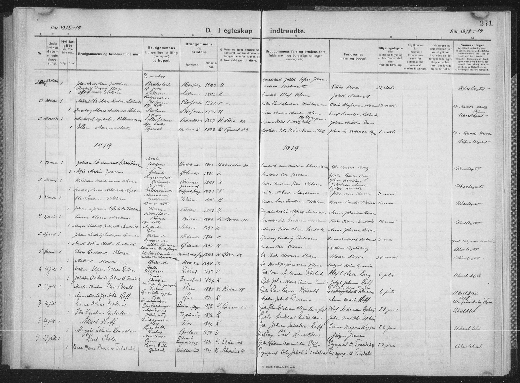 Ministerialprotokoller, klokkerbøker og fødselsregistre - Sør-Trøndelag, AV/SAT-A-1456/659/L0747: Parish register (copy) no. 659C04, 1913-1938, p. 271