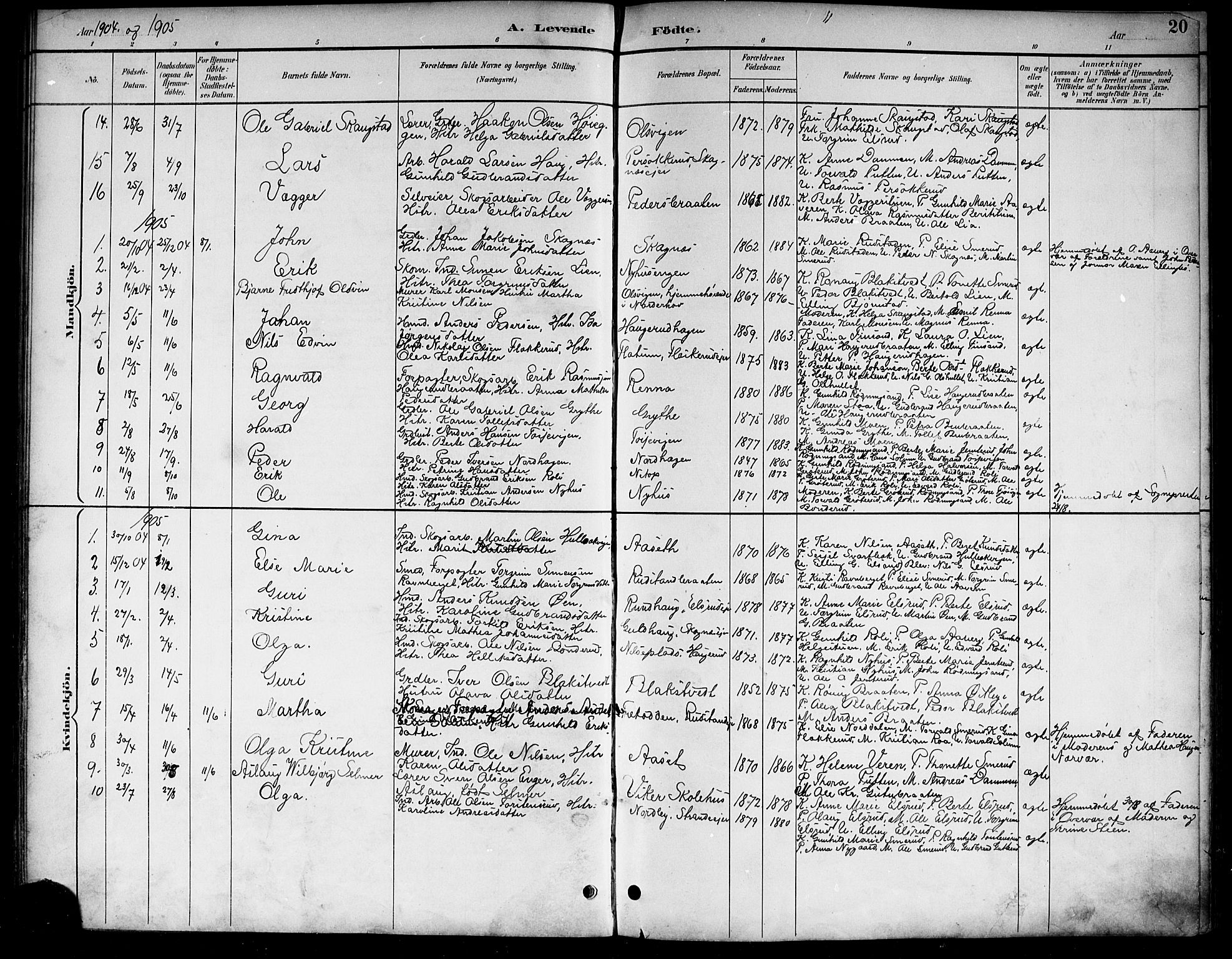 Ådal kirkebøker, AV/SAKO-A-248/G/Ga/L0004: Parish register (copy) no.  I 4, 1891-1920, p. 20